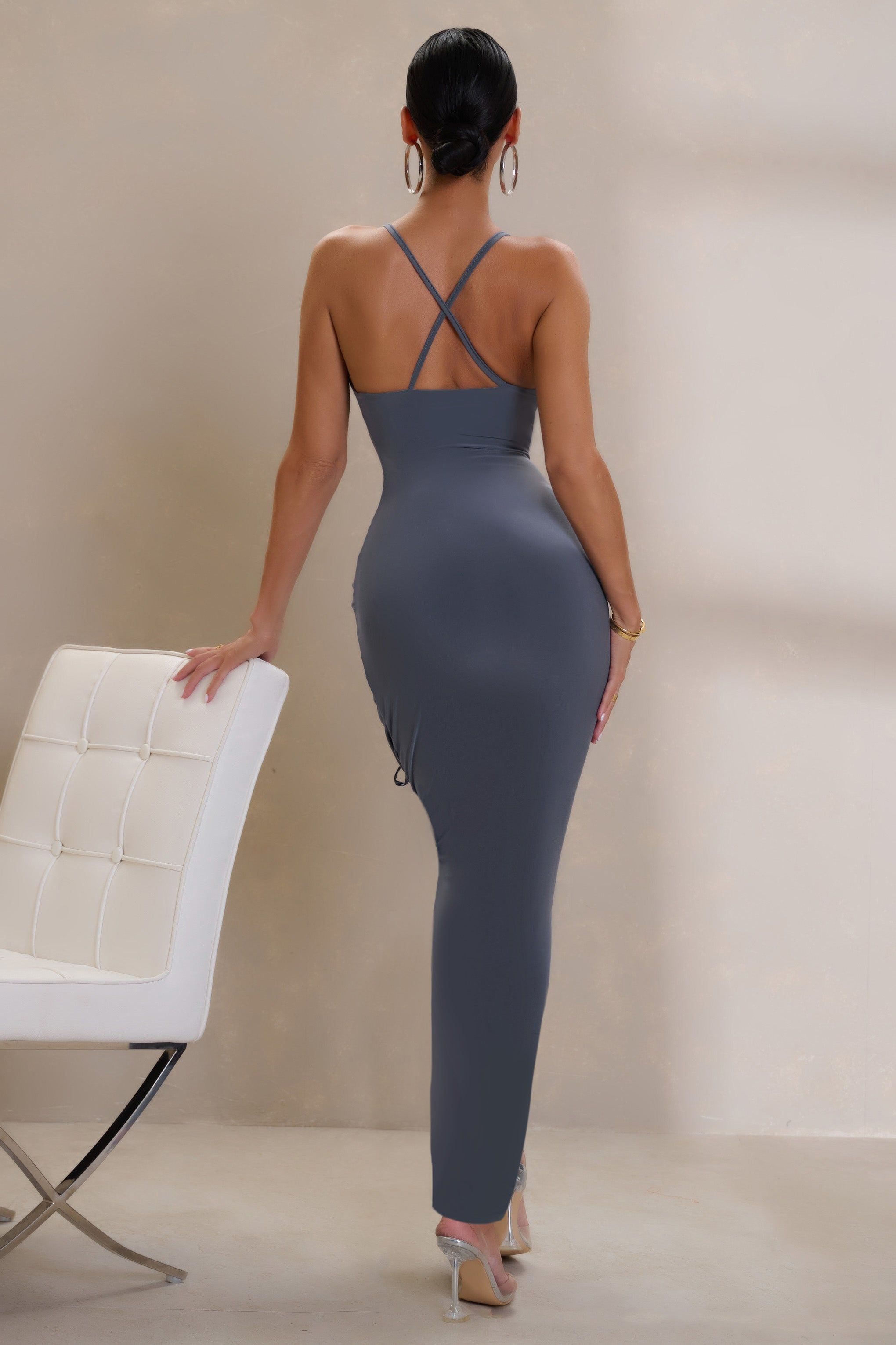 Avant-Garde | Slate Grey Ruched Detail Cowl Maxi Dress With Split sold by Club L London product image thumbnail 2