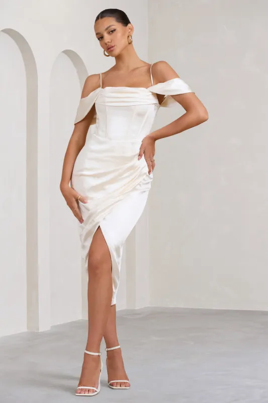Deserving | Cream Satin Bardot Sleeve Corset Wrap Midi Dress sold by Club L London