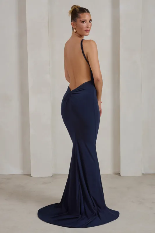 Endless Love | Navy Backless Knot Detail Fishtail Maxi Dress sold by Club L London
