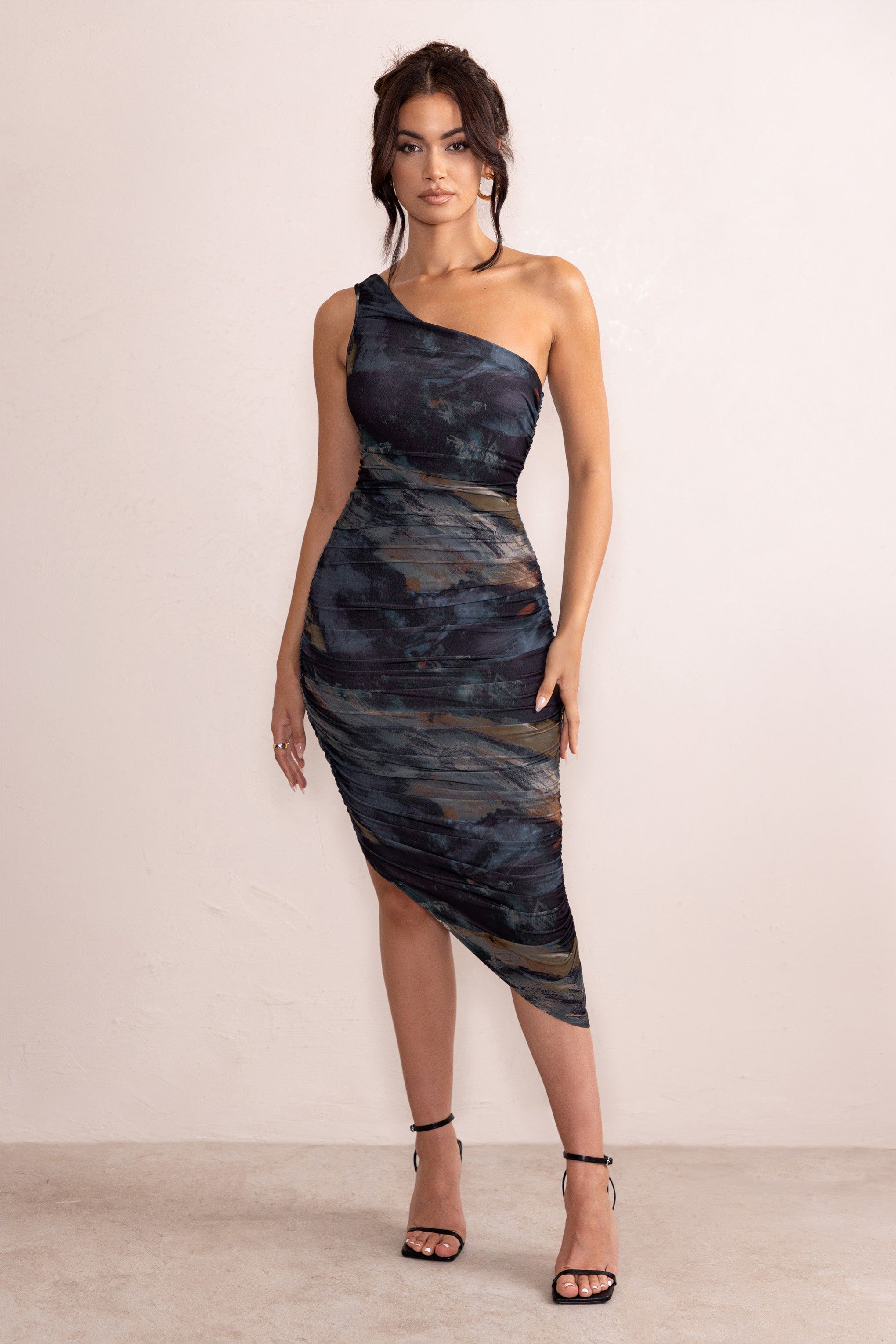 Late Night | Brown And Blue Print Asymmetric One Shoulder Ruched Midi Dress sold by Club L London product image thumbnail 4