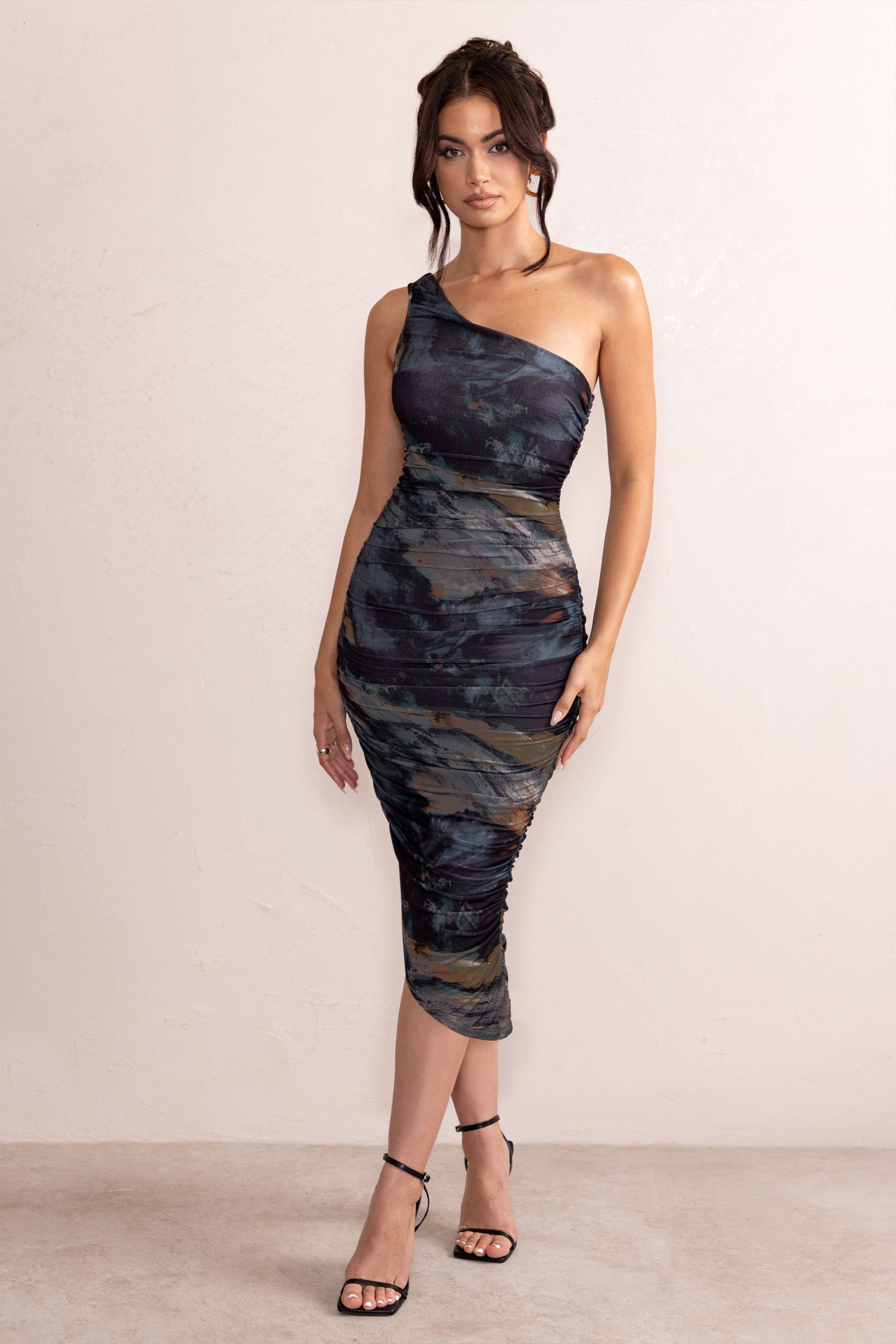 Late Night | Brown And Blue Print Asymmetric One Shoulder Ruched Midi Dress sold by Club L London