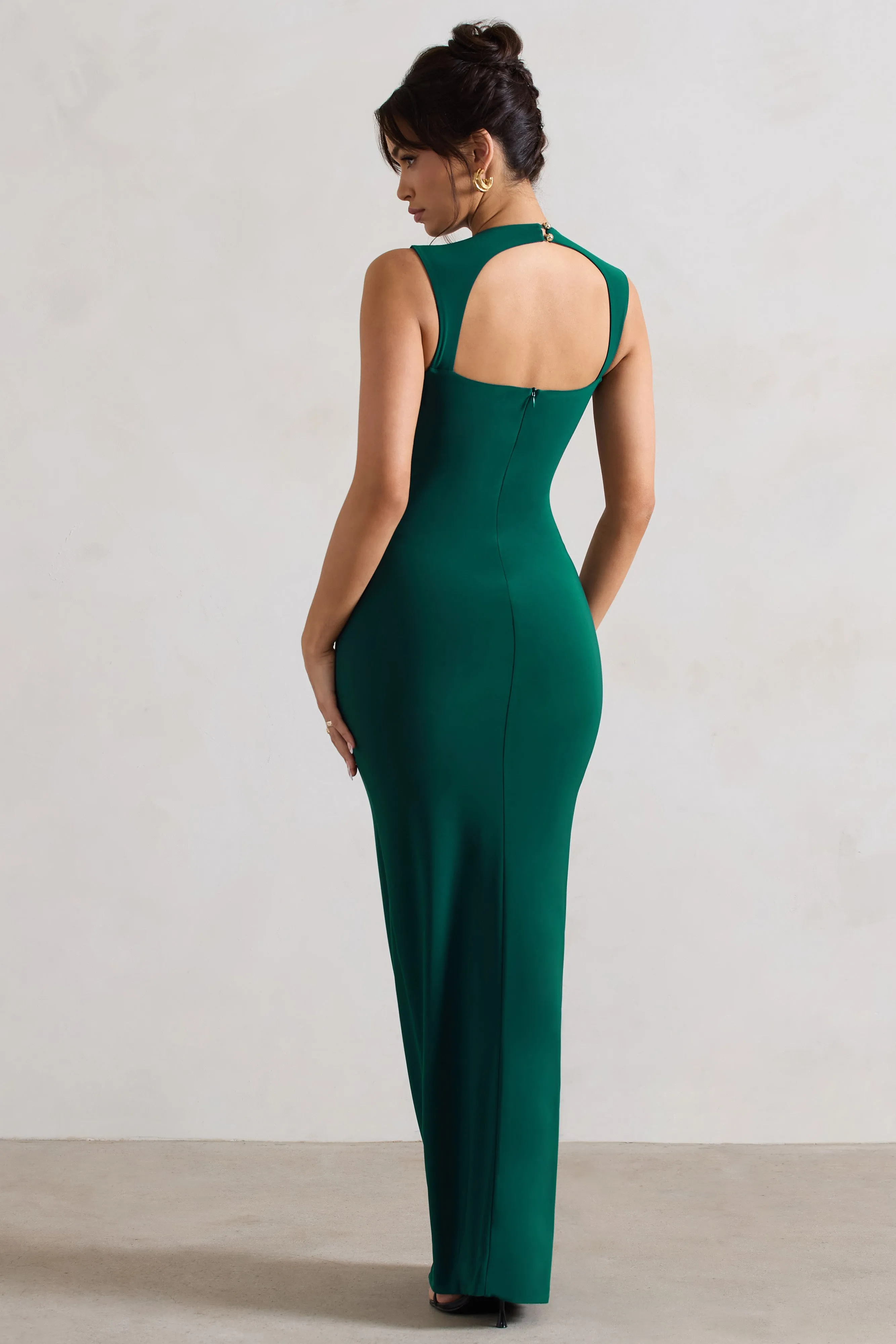Alexa | Bottle Green High-Neck Gathered Maxi Dress With Drape sold by Club L London product image thumbnail 2