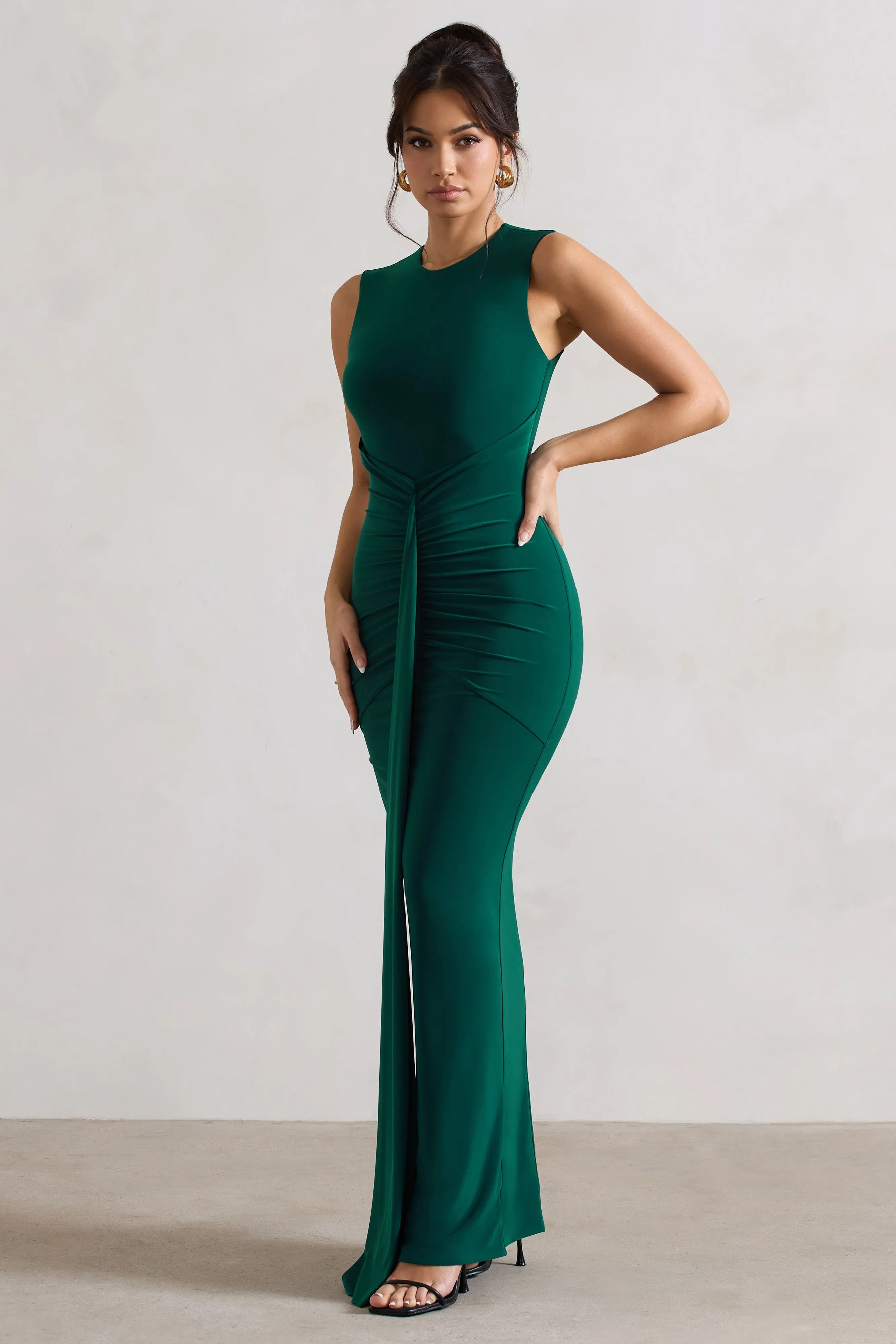 Alexa | Bottle Green High-Neck Gathered Maxi Dress With Drape sold by Club L London product image thumbnail 5