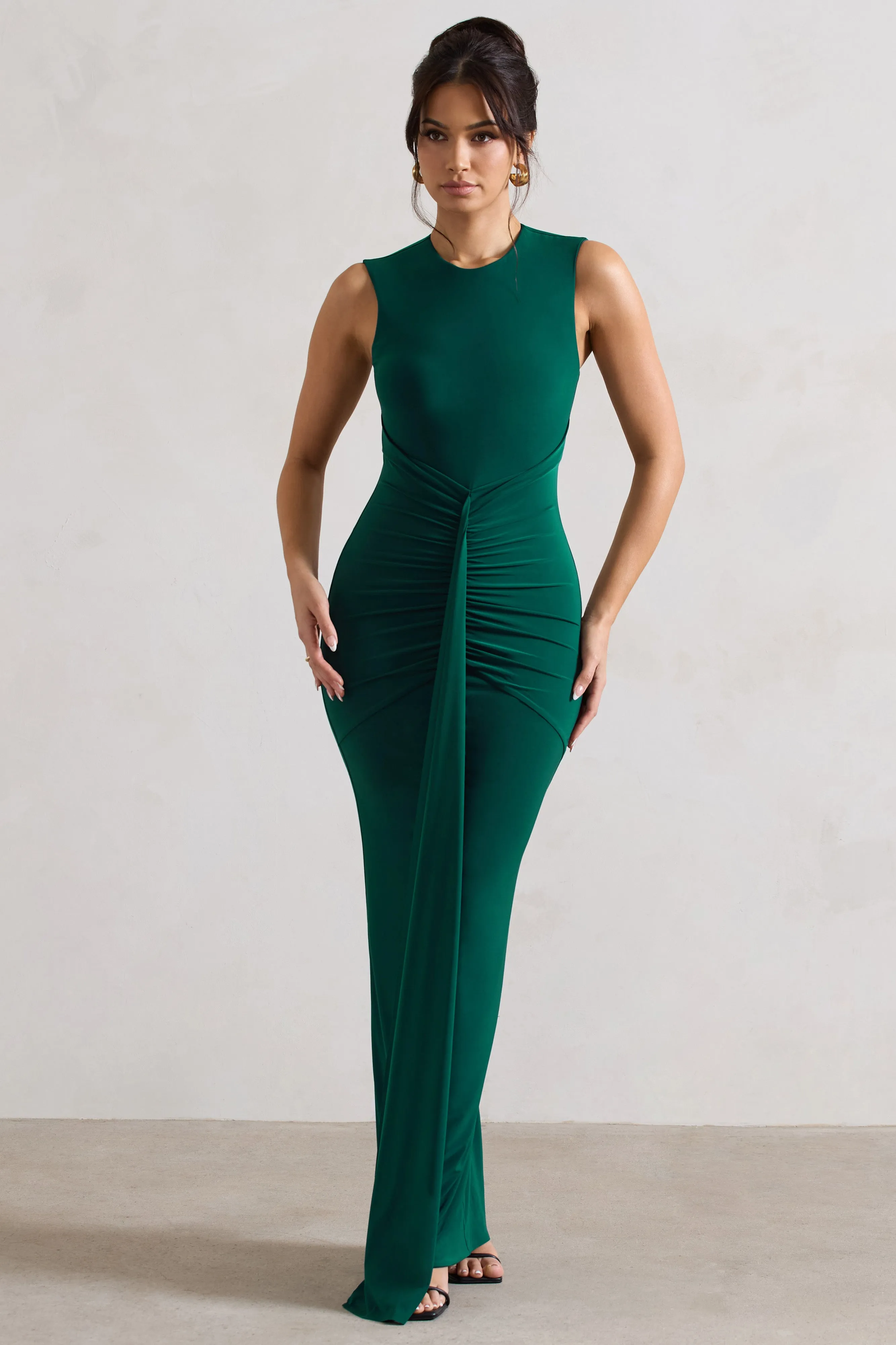 Alexa | Bottle Green High-Neck Gathered Maxi Dress With Drape sold by Club L London product image thumbnail 4