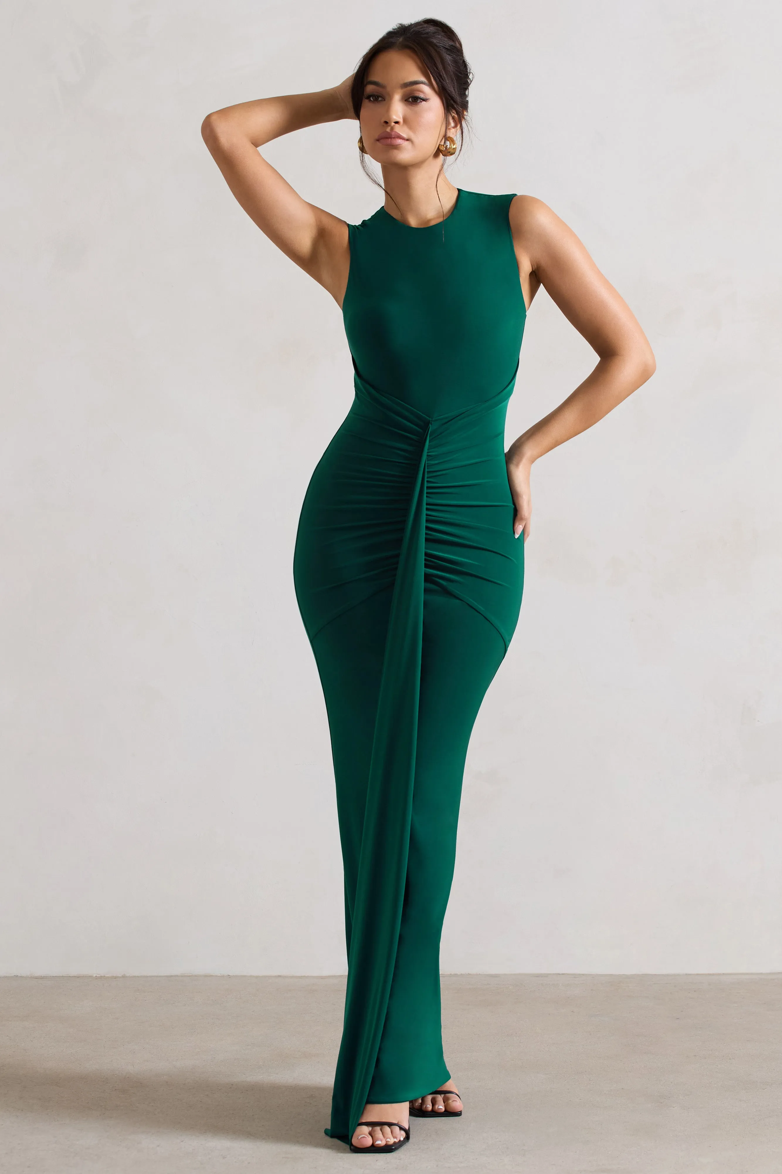 Alexa | Bottle Green High-Neck Gathered Maxi Dress With Drape sold by Club L London