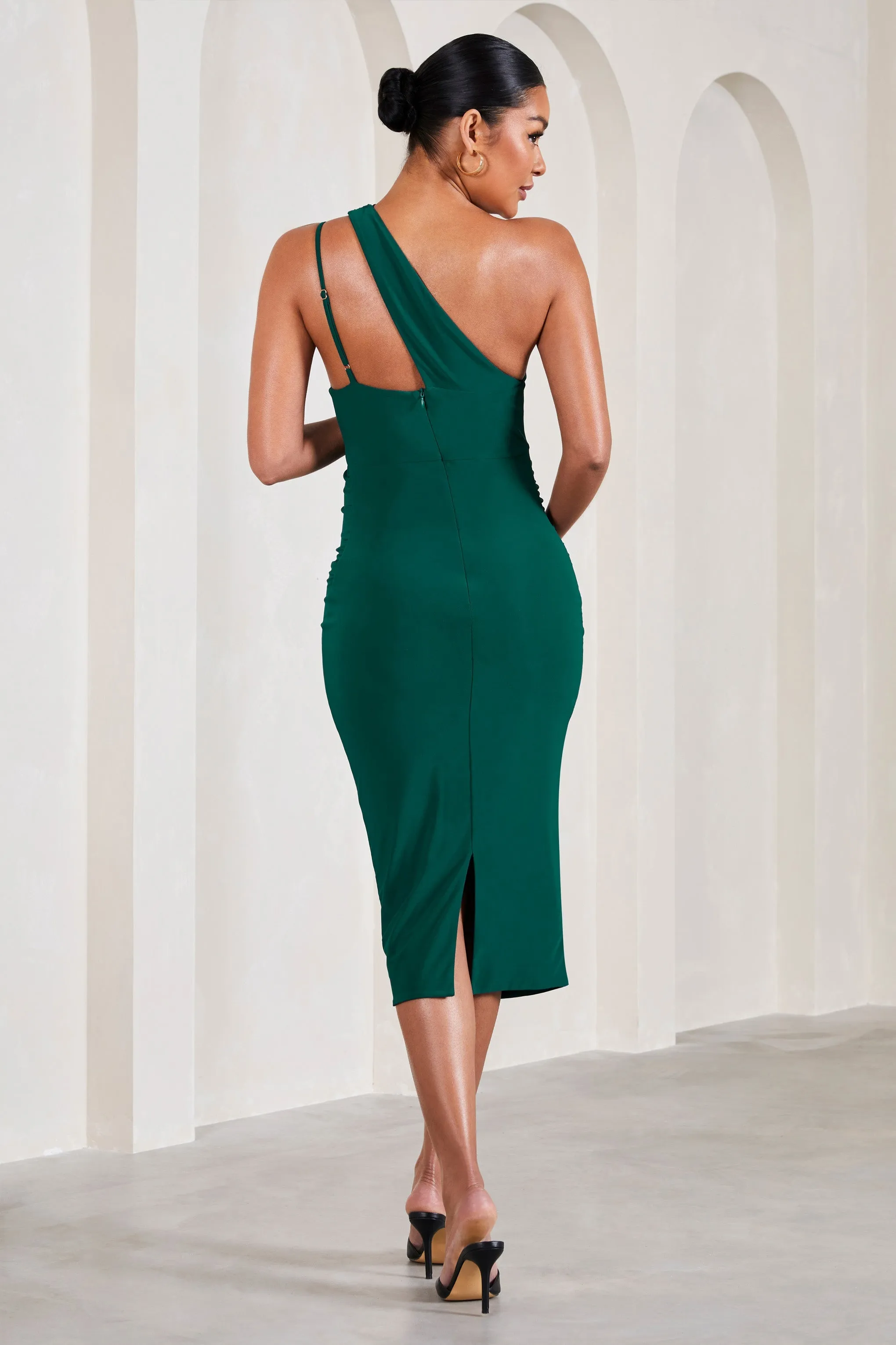 Abigail | Bottle Green Sleeveless Asymmetric Maternity Midi Dress sold by Club L London product image thumbnail 3
