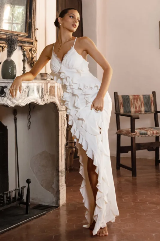 Clematis | White Lace Strappy Ruffled Maxi Dress sold by Club L London