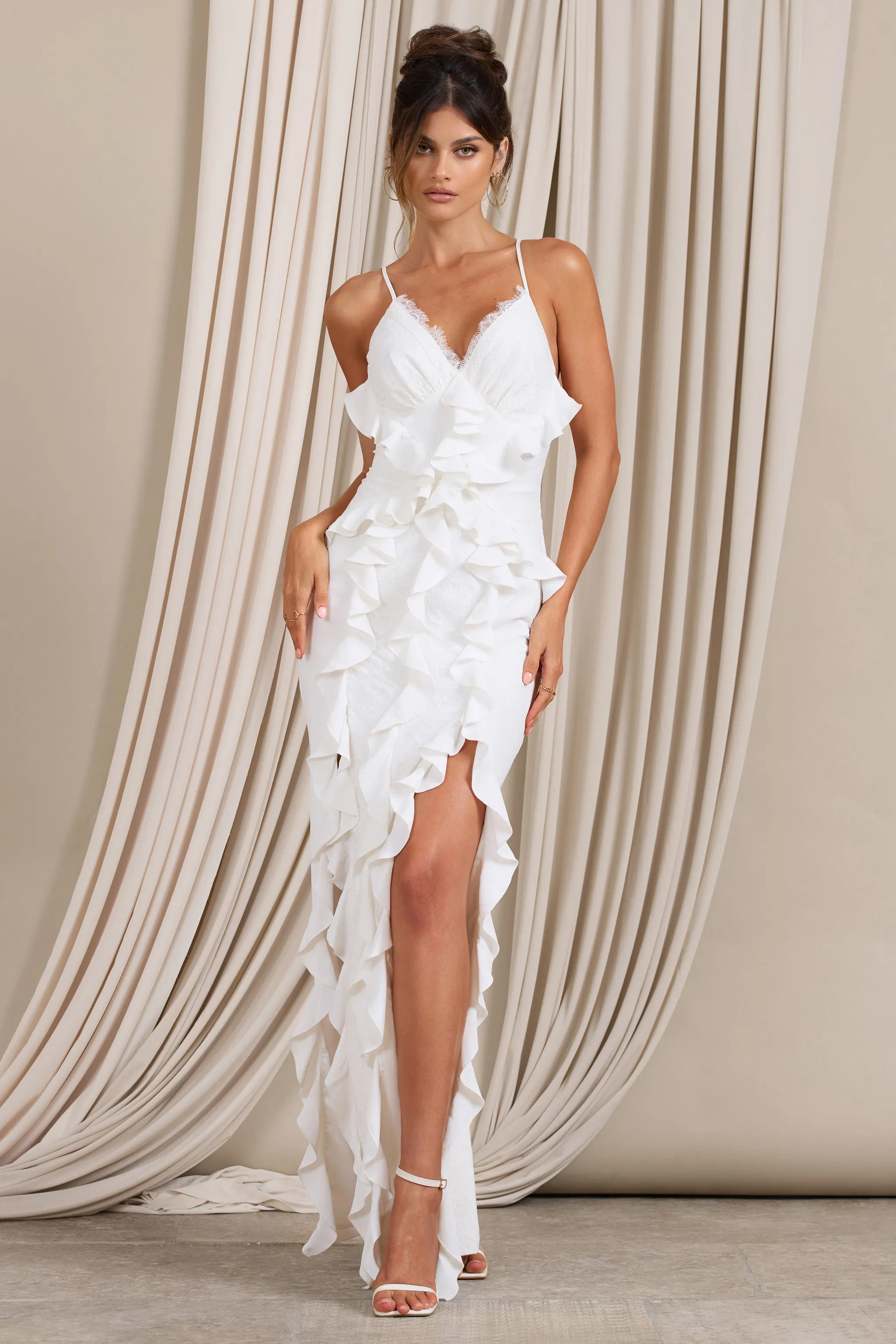 Clematis | White Lace Strappy Ruffled Maxi Dress sold by Club L London product image thumbnail 5