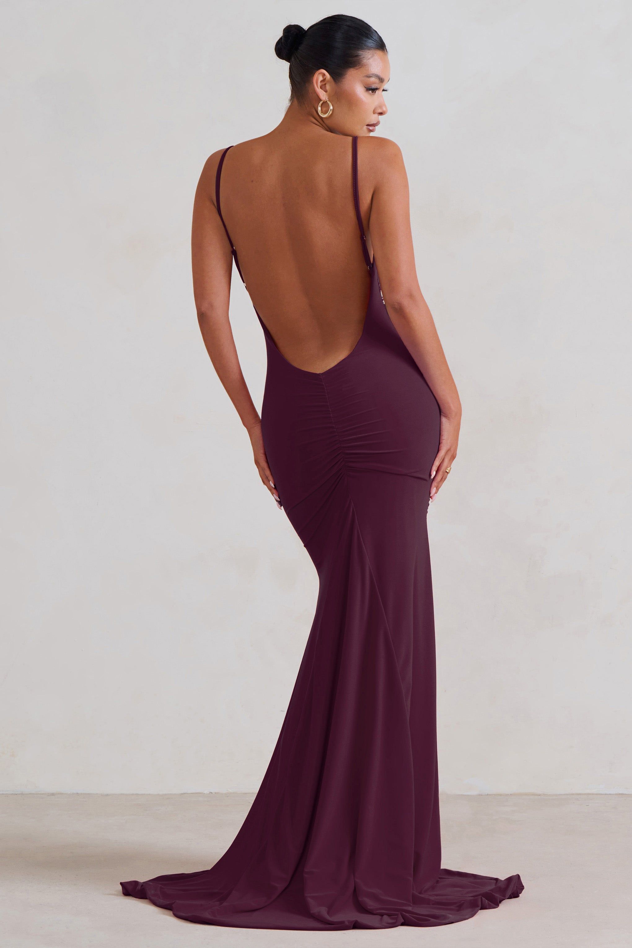 Adele | Plum Backless Ruched Fishtail Cami Maxi Dress sold by Club L London product image thumbnail 2