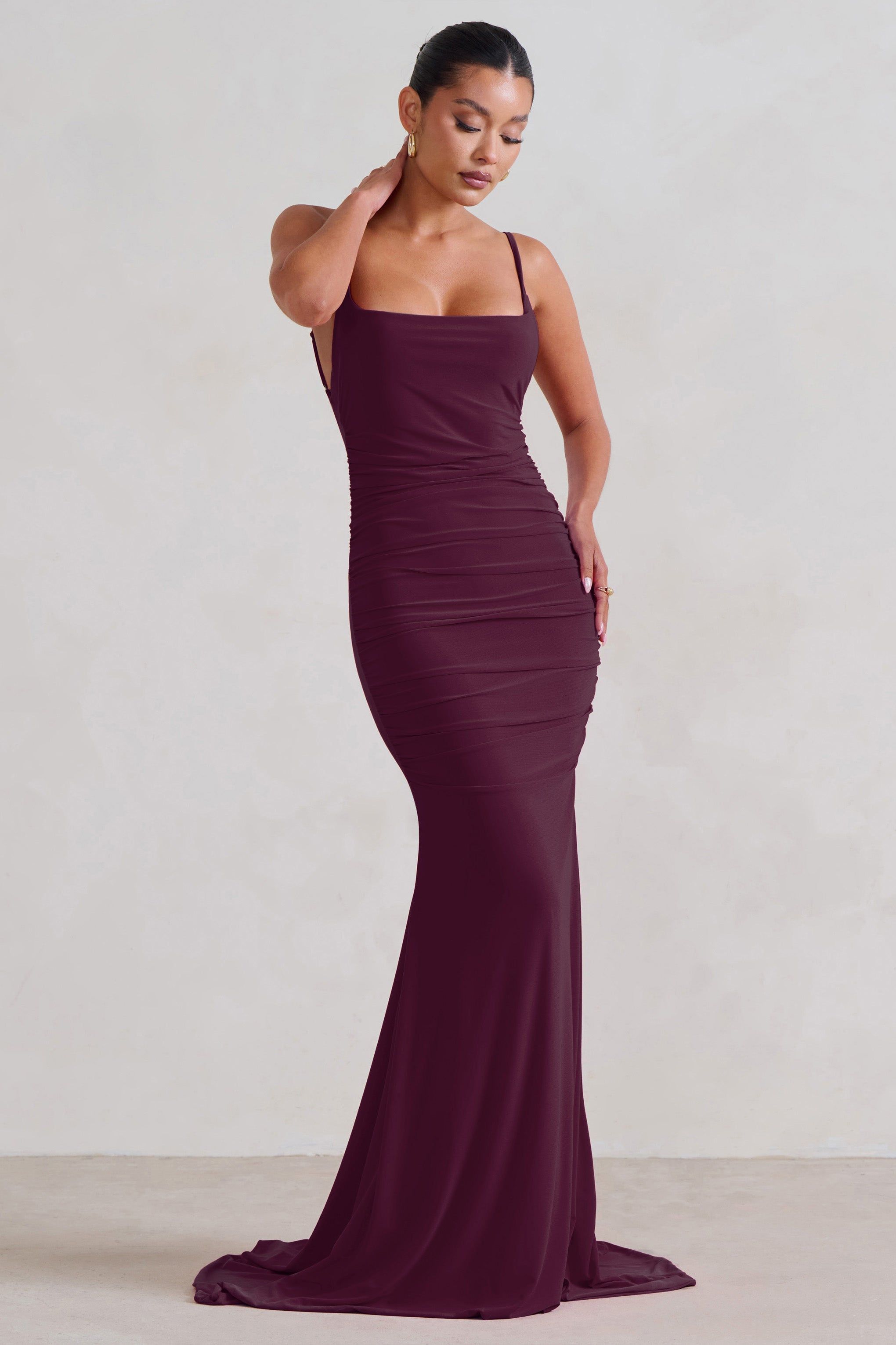 Adele | Plum Backless Ruched Fishtail Cami Maxi Dress sold by Club L London product image thumbnail 4