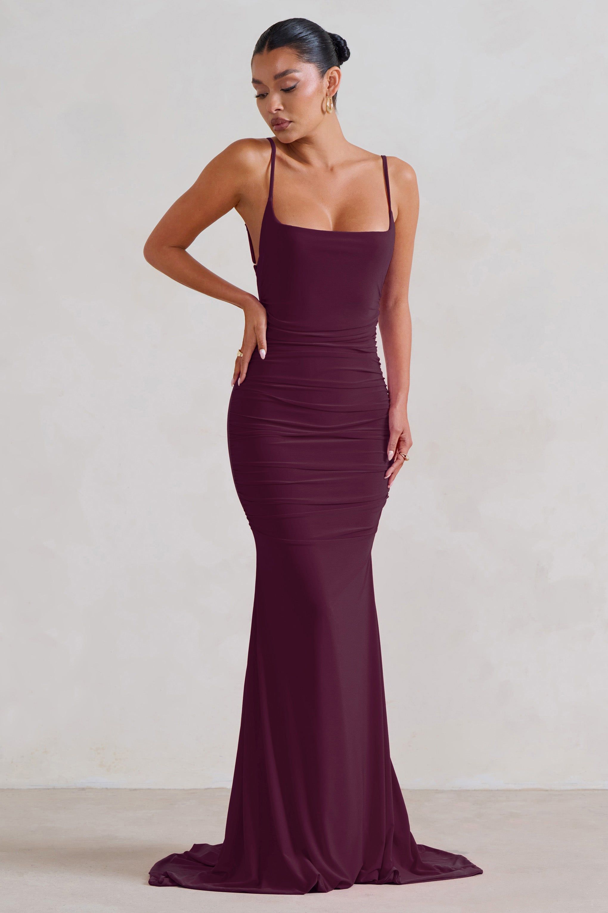 Adele | Plum Backless Ruched Fishtail Cami Maxi Dress sold by Club L London