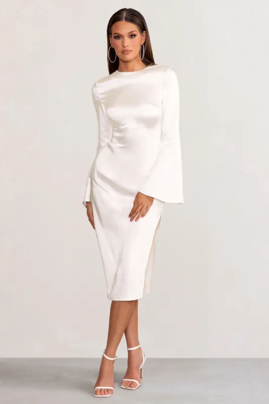 Zaina | White Long Sleeve Midi Dress with High Neckline sold by Club L London