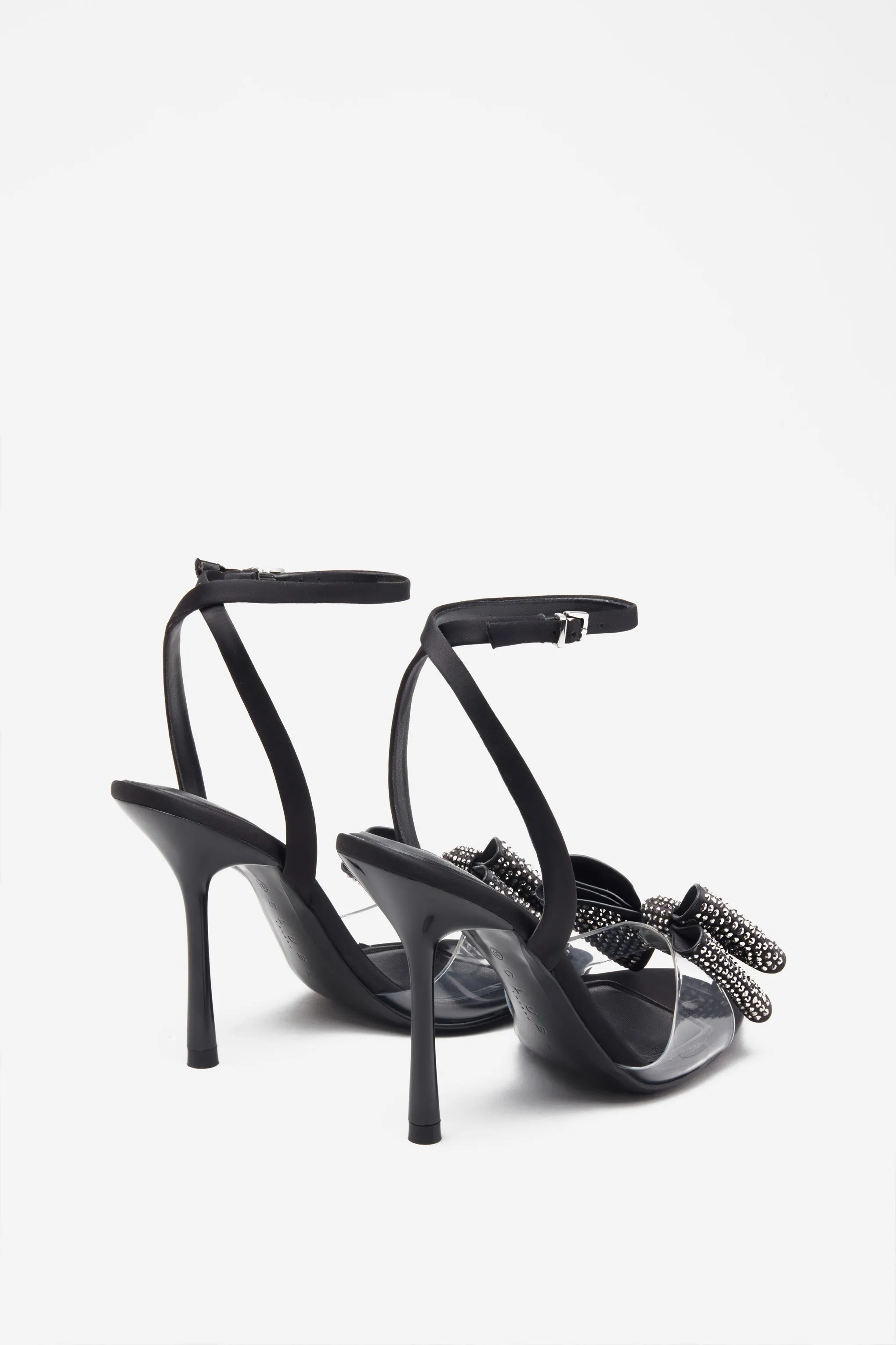 Bowing | Black Satin Heeled Sandals With Diamante Bows sold by Club L London product image thumbnail 3