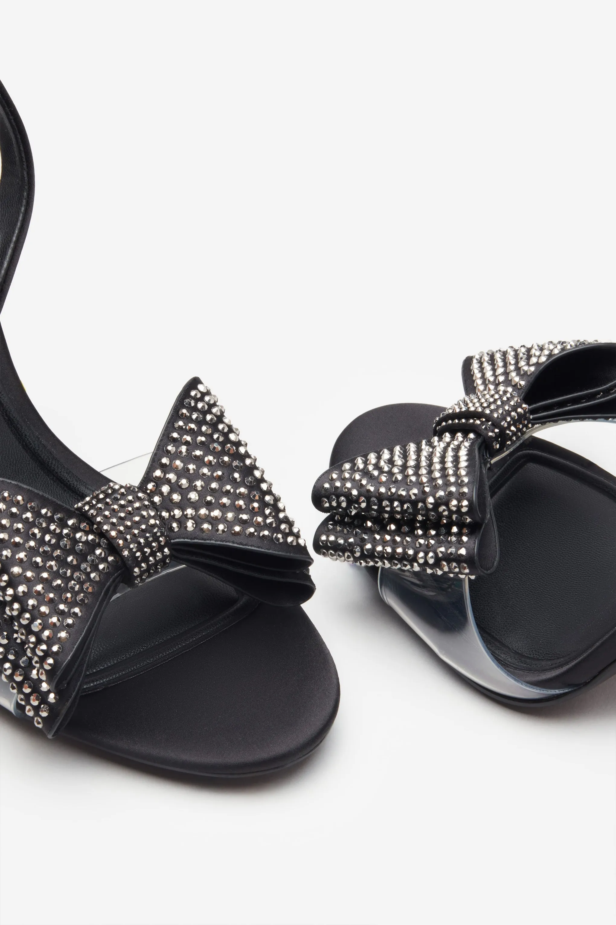 Bowing | Black Satin Heeled Sandals With Diamante Bows sold by Club L London product image thumbnail 4