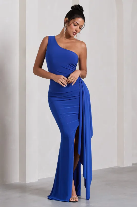 Rewind | Royal Blue One Shoulder Sleeveless Split Maxi Dress With Drape sold by Club L London
