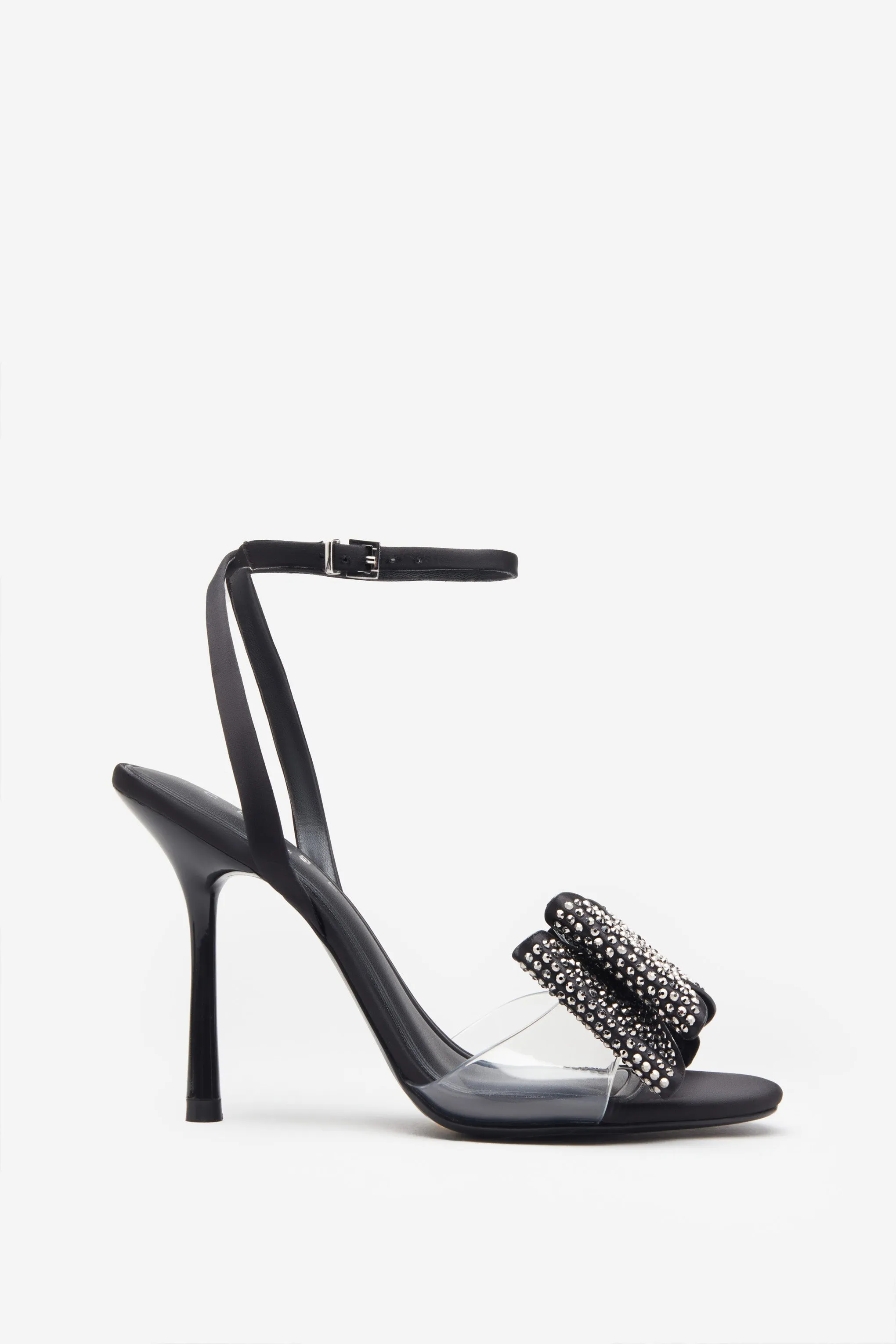Bowing | Black Satin Heeled Sandals With Diamante Bows sold by Club L London