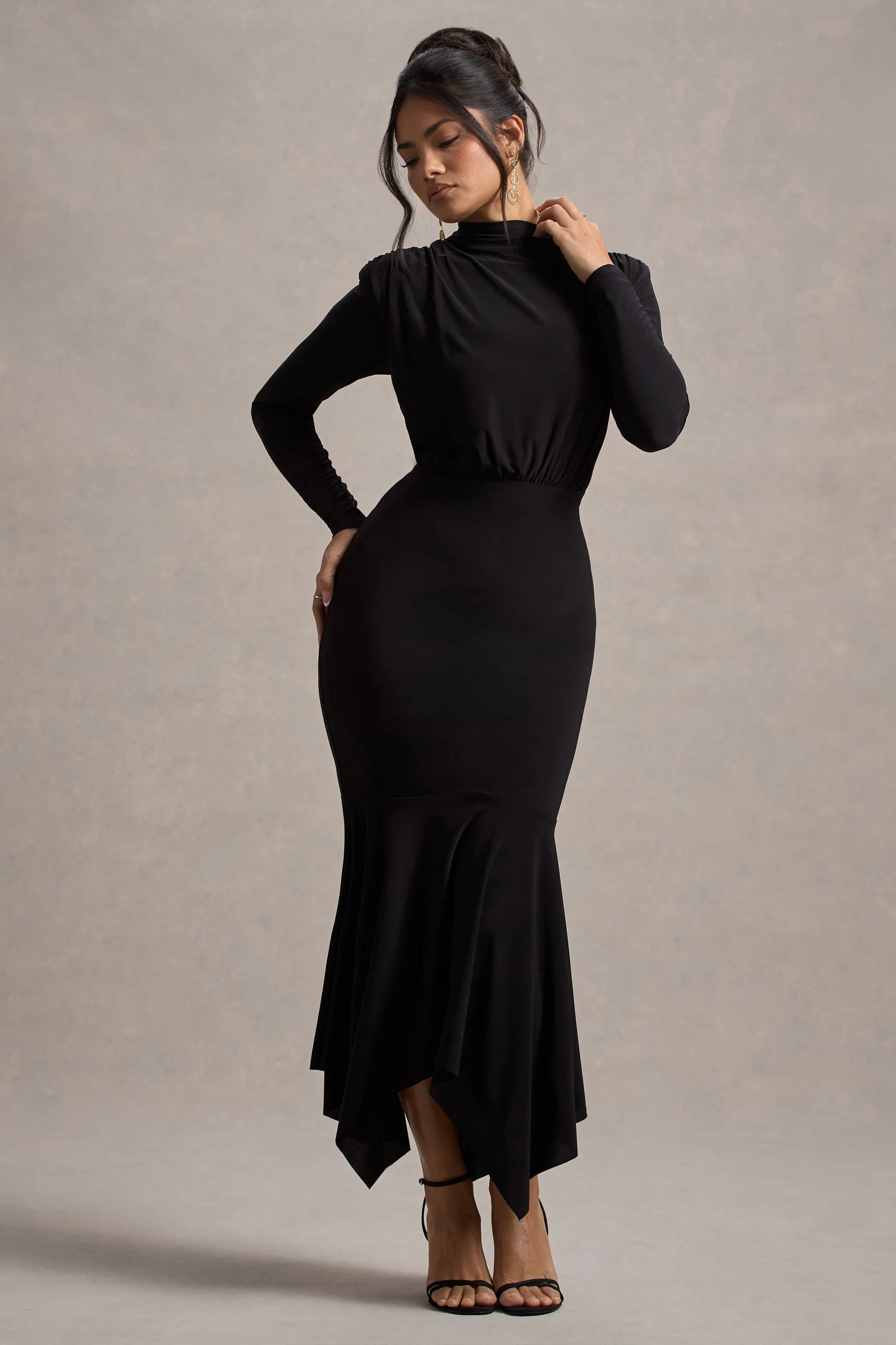 Carla | Black High-Neck Maxi Dress With Draped Hem sold by Club L London
