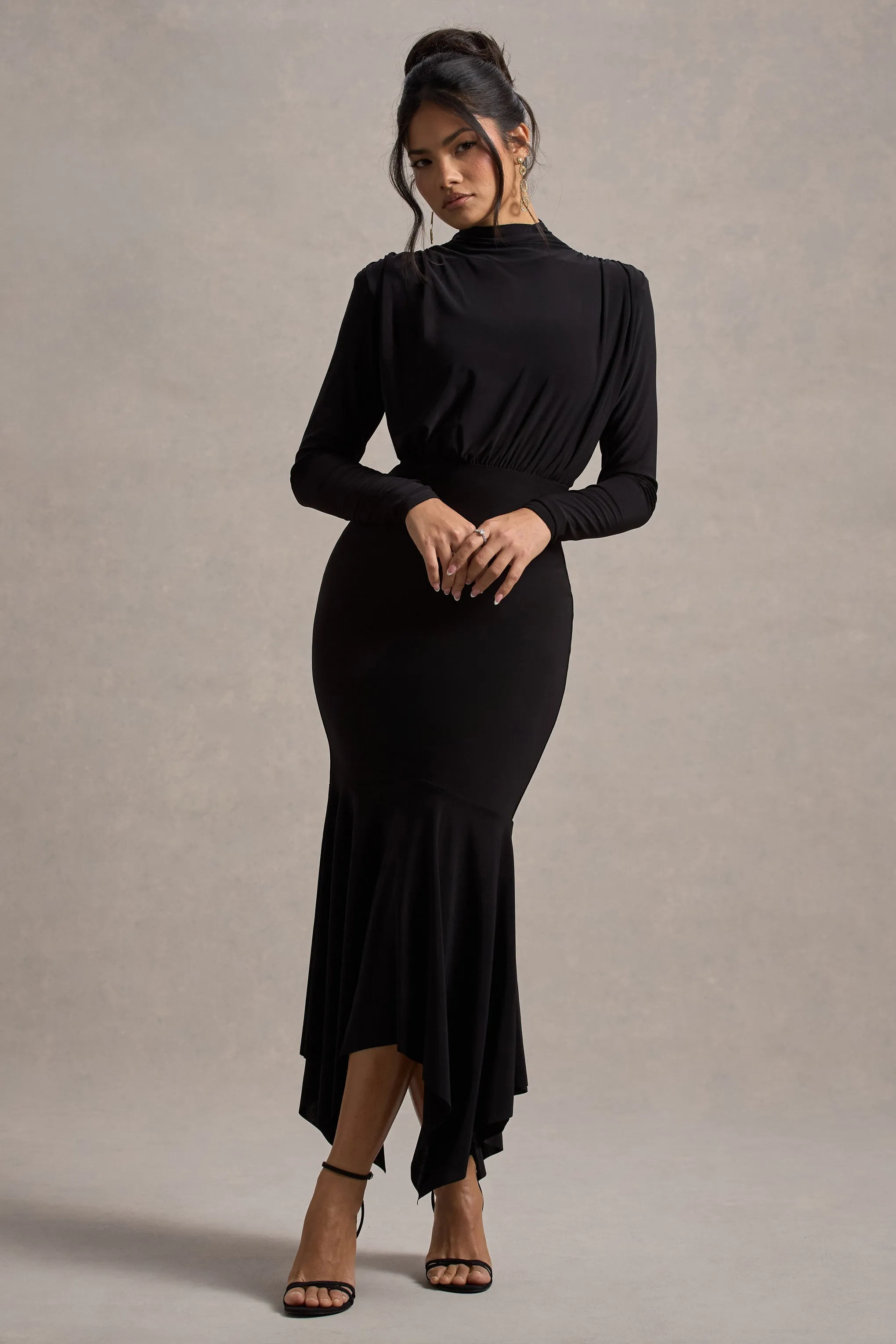 Carla | Black High-Neck Maxi Dress With Draped Hem sold by Club L London product image thumbnail 4