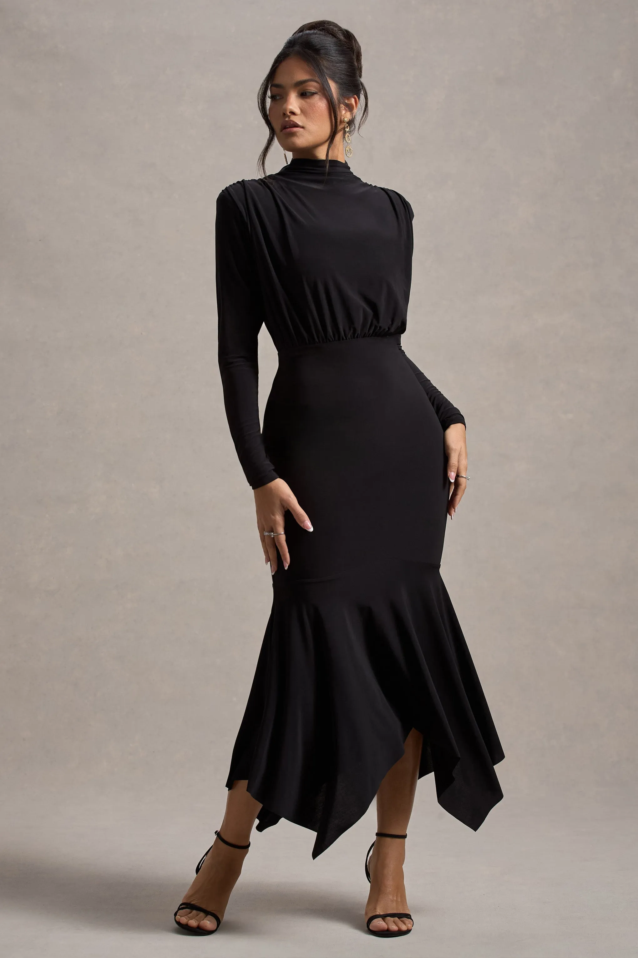 Carla | Black High-Neck Maxi Dress With Draped Hem sold by Club L London product image thumbnail 5