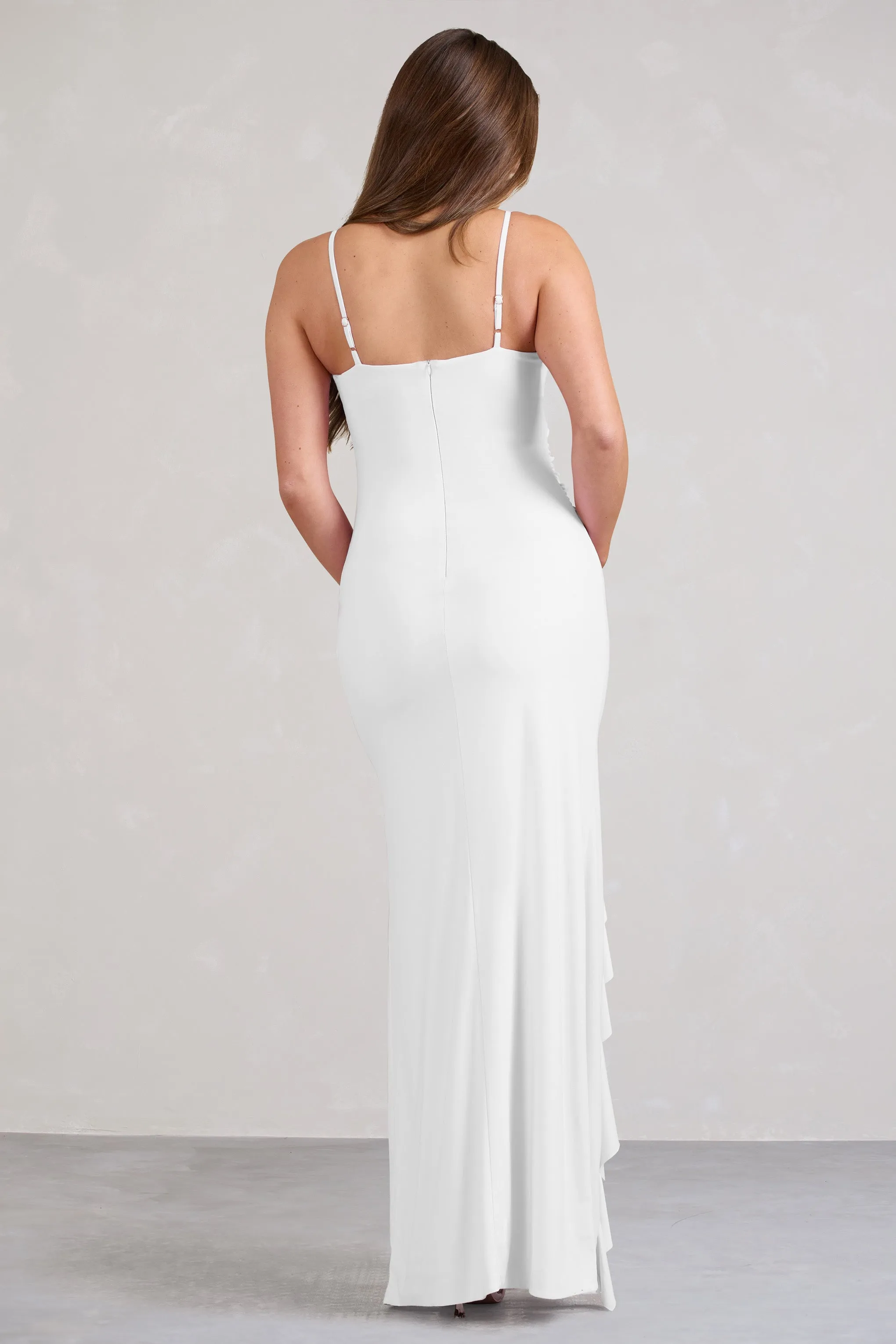 Susan | White Maternity Bandeau Ruffle Maxi Dress With Thigh Splits sold by Club L London product image thumbnail 2