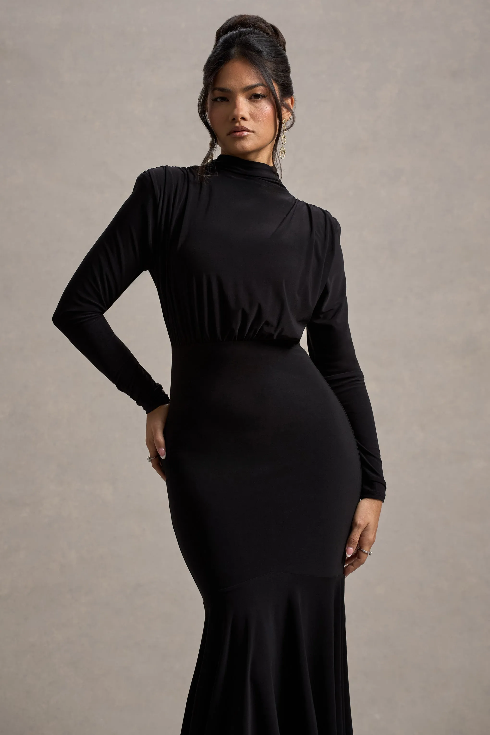 Carla | Black High-Neck Maxi Dress With Draped Hem sold by Club L London product image thumbnail 3