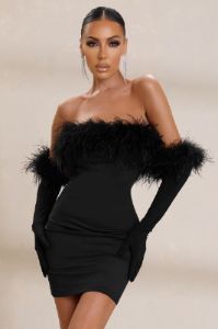 Stop The Show | Black Feather Trim Bandeau Mini Dress sold by Club L London