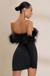 Stop The Show | Black Feather Trim Bandeau Mini Dress sold by Club L London