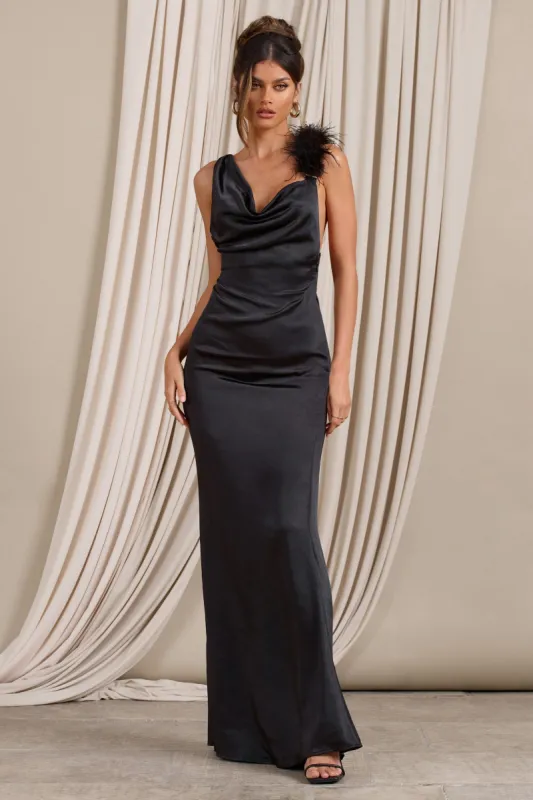 Cherish Me | Black Satin Asymmetric Cowl Maxi Dress With Feather Strap sold by Club L London