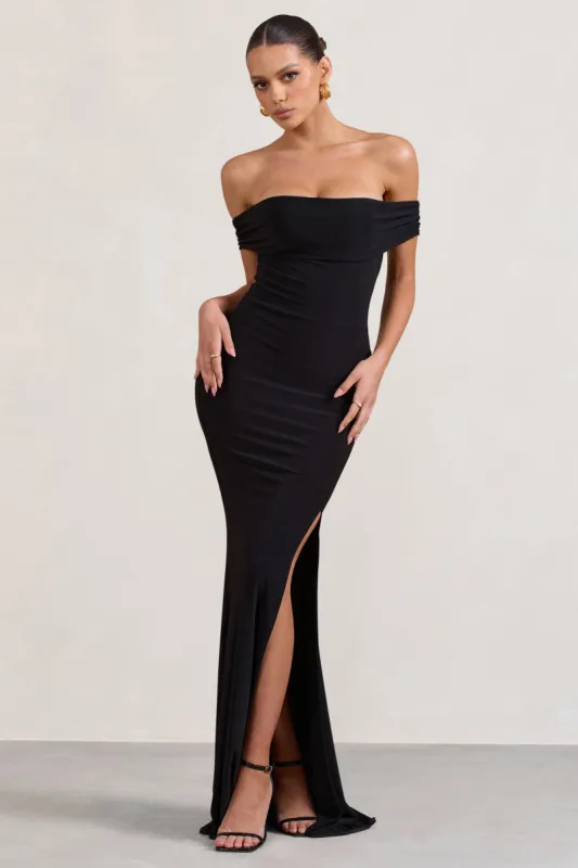 Law of Attraction | Black Bardot Draped Split Maxi Dress sold by Club L London