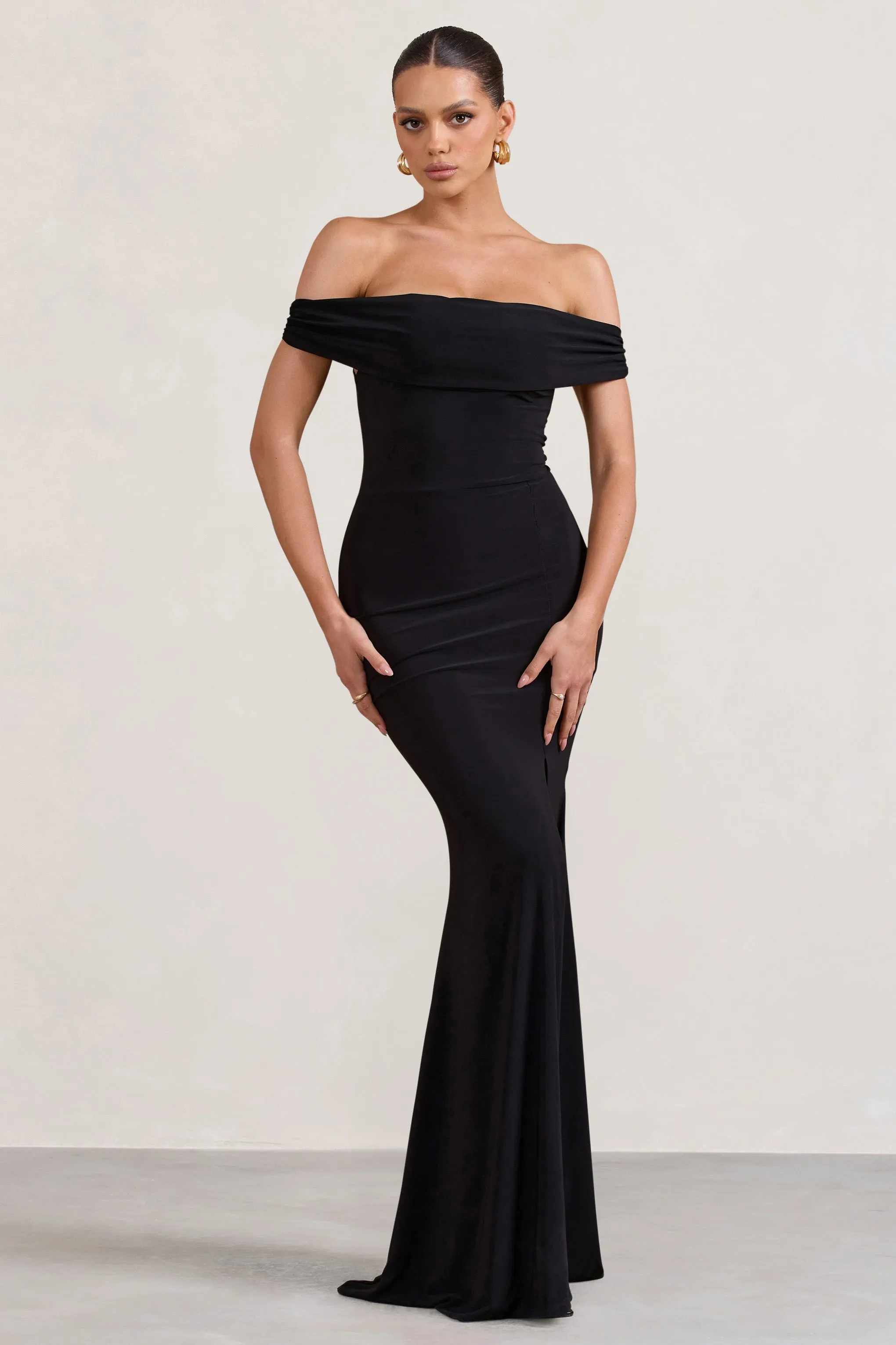 Law of Attraction | Black Bardot Draped Split Maxi Dress sold by Club L London product image thumbnail 3