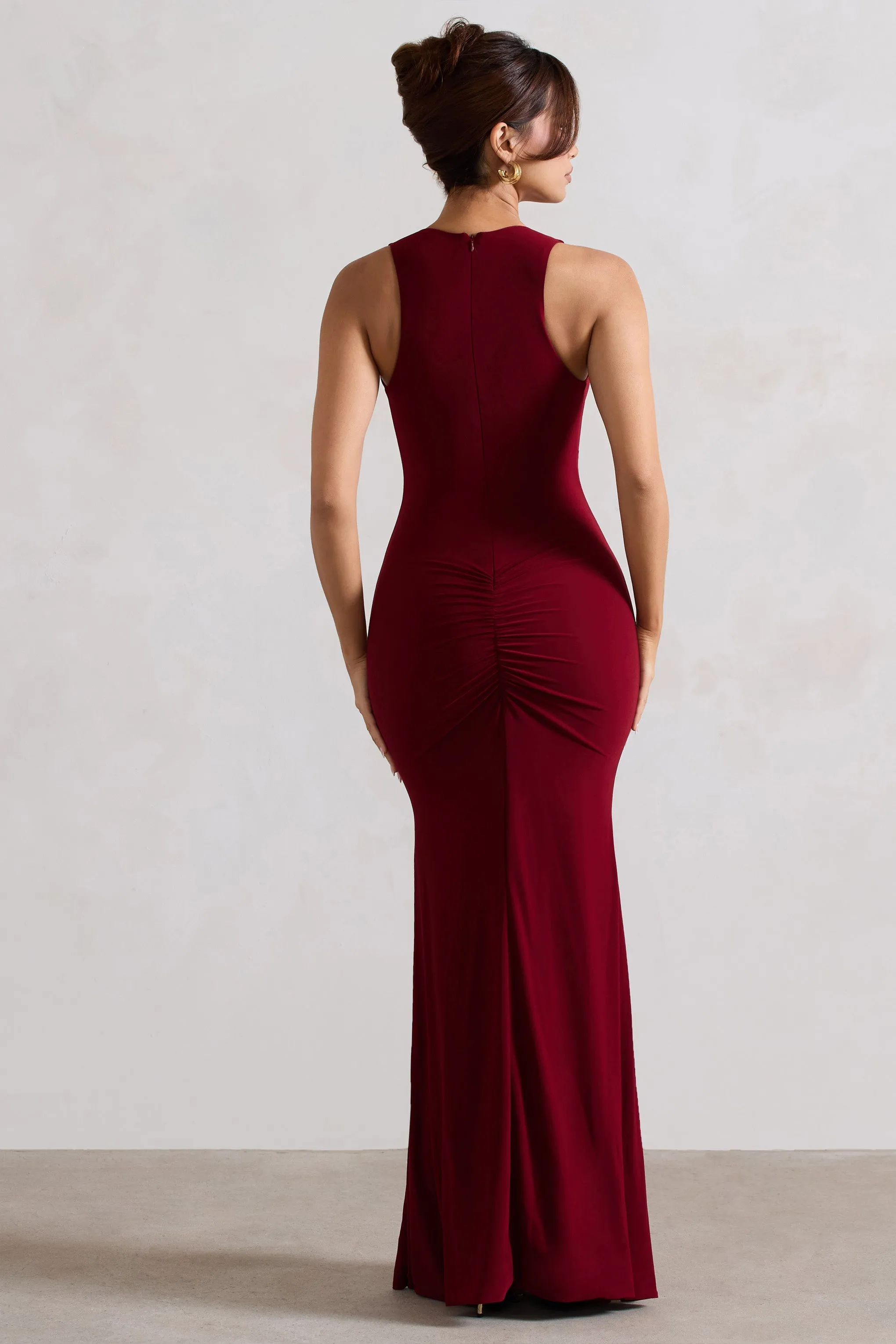 Julianna | Wine Plunge-Neck Ruched Maxi Dress With Corsage sold by Club L London product image thumbnail 2
