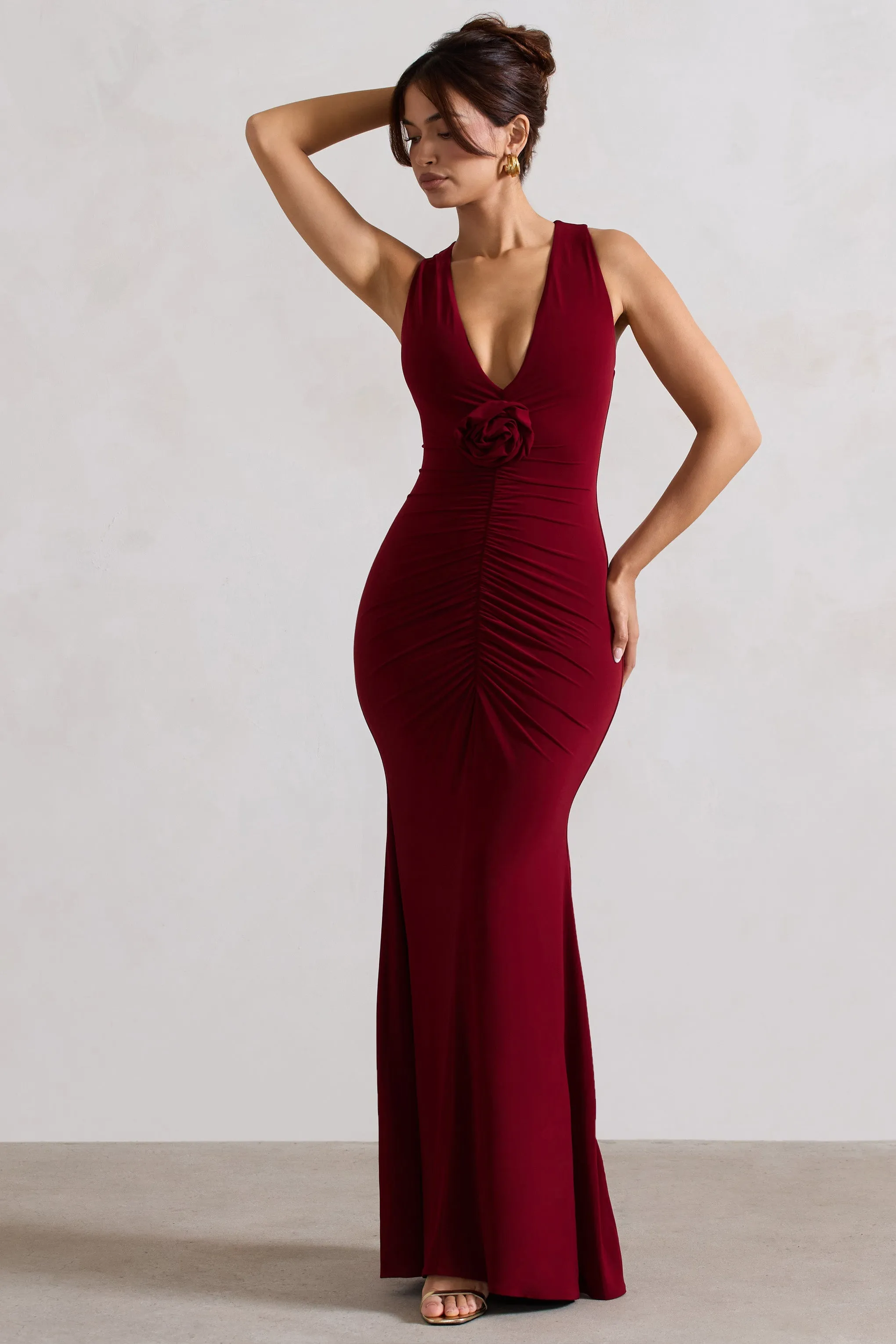 Julianna | Wine Plunge-Neck Ruched Maxi Dress With Corsage sold by Club L London product image thumbnail 5