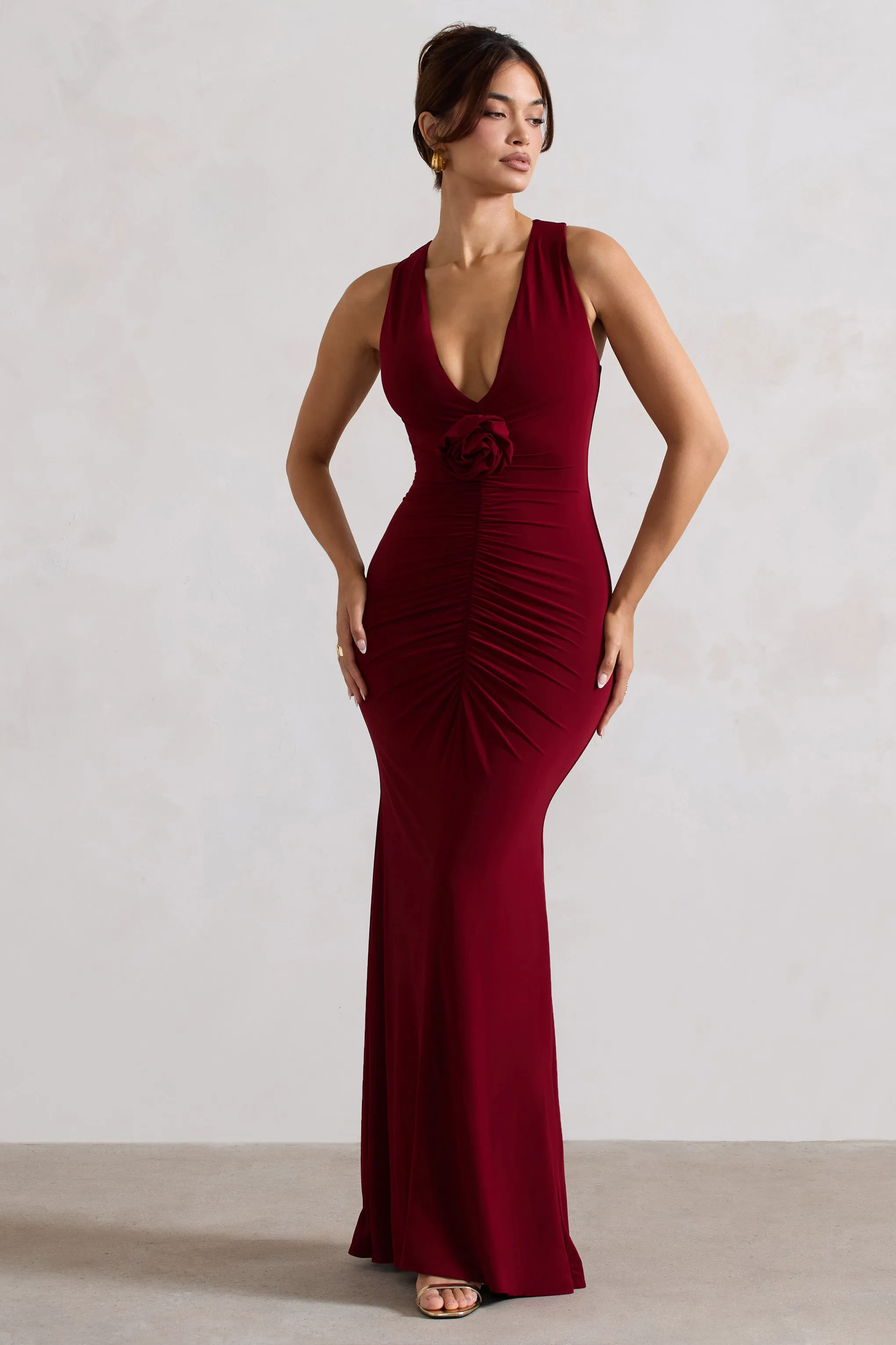 Julianna | Wine Plunge-Neck Ruched Maxi Dress With Corsage sold by Club L London