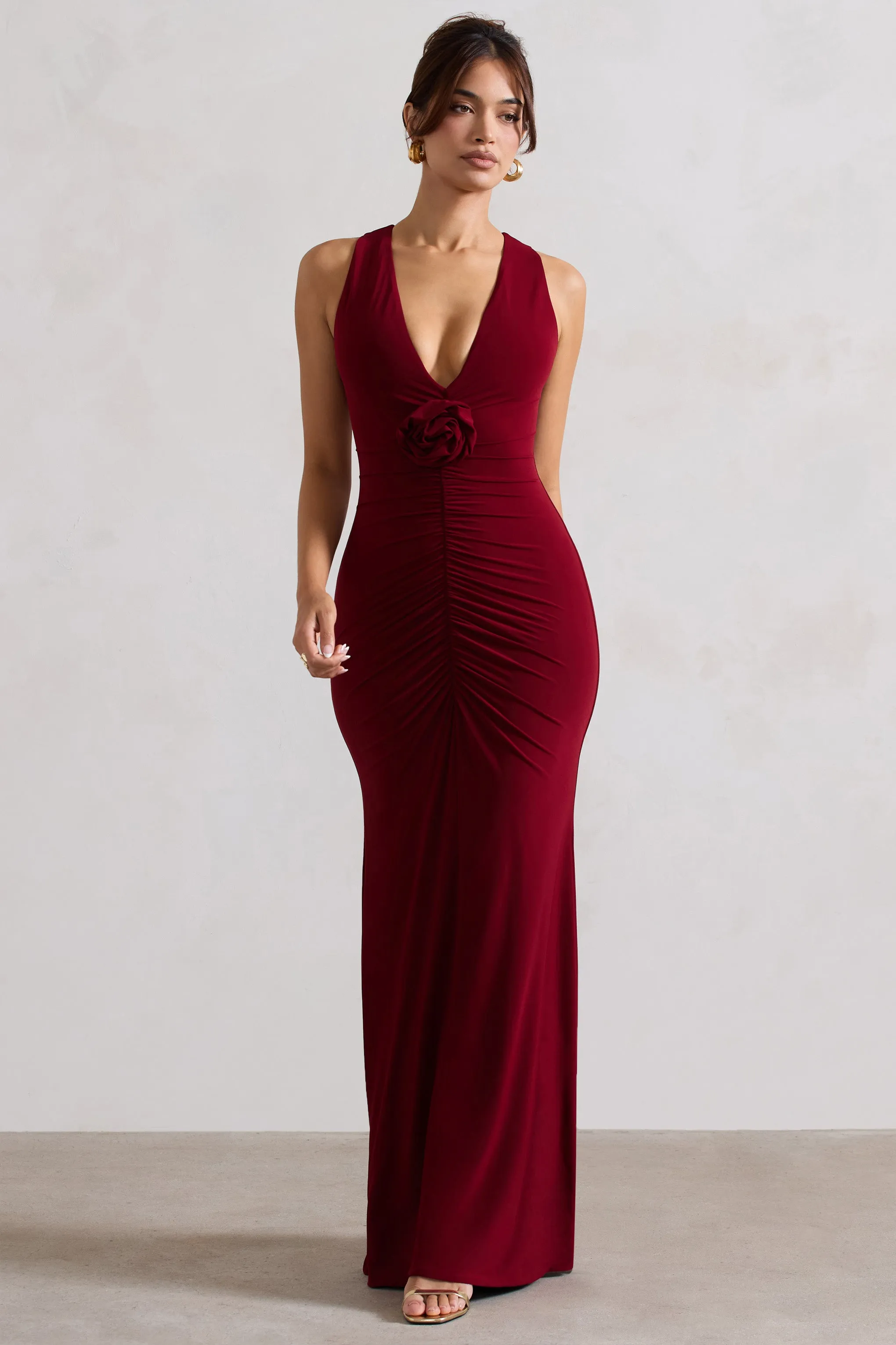 Julianna | Wine Plunge-Neck Ruched Maxi Dress With Corsage sold by Club L London product image thumbnail 4