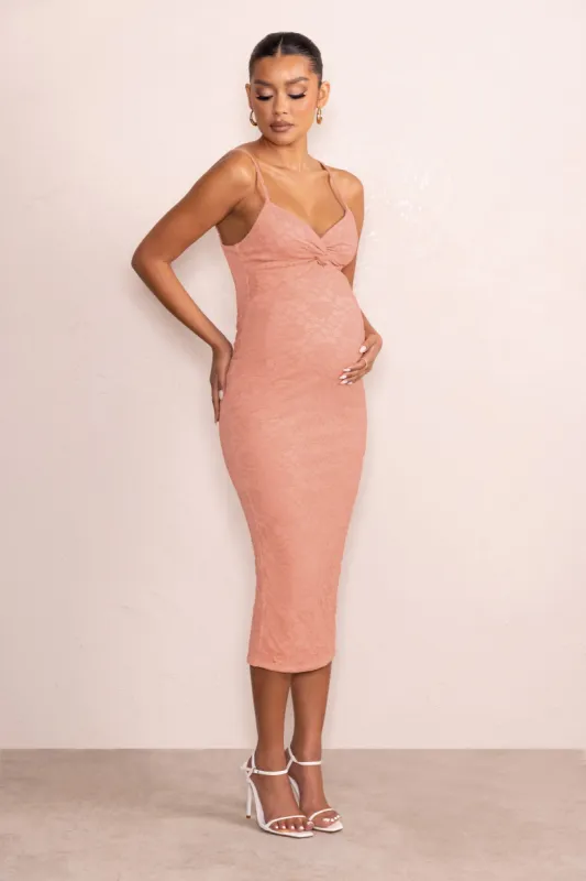 Nelly | Nude Maternity Cami Midi Dress with Twist Plunge sold by Club L London