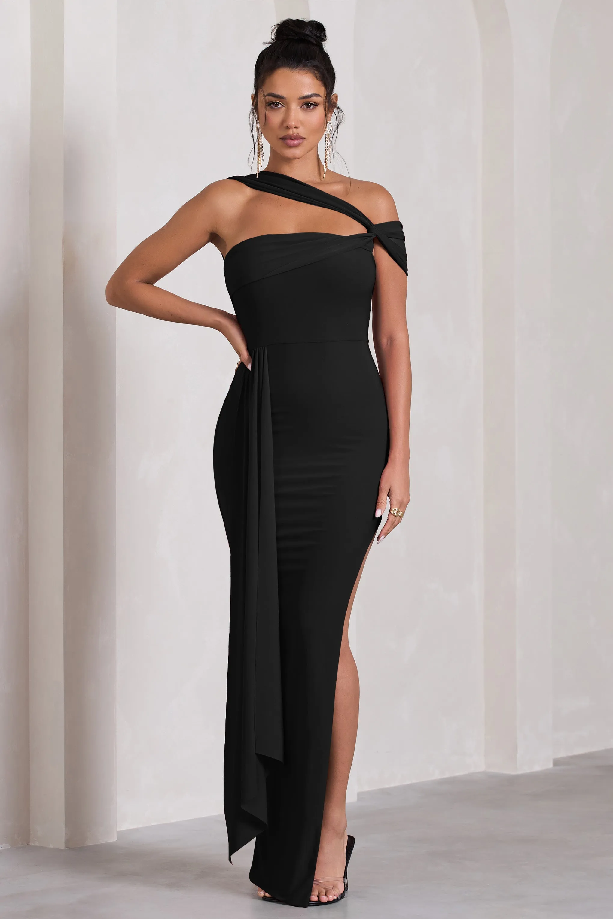 To The Max | Black Strappy Asymmetric Split Maxi Dress With Drape sold by Club L London