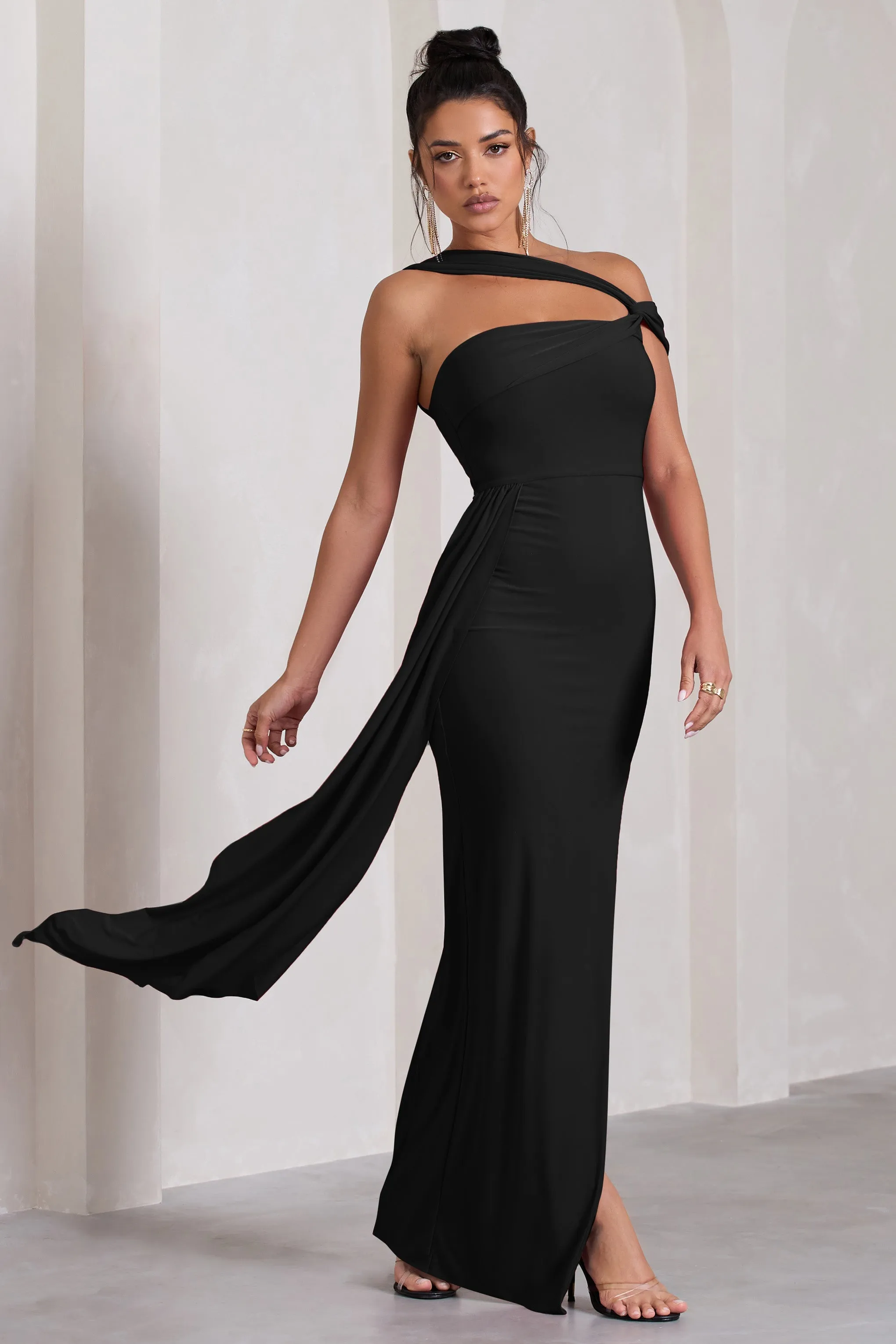 To The Max | Black Strappy Asymmetric Split Maxi Dress With Drape sold by Club L London product image thumbnail 5