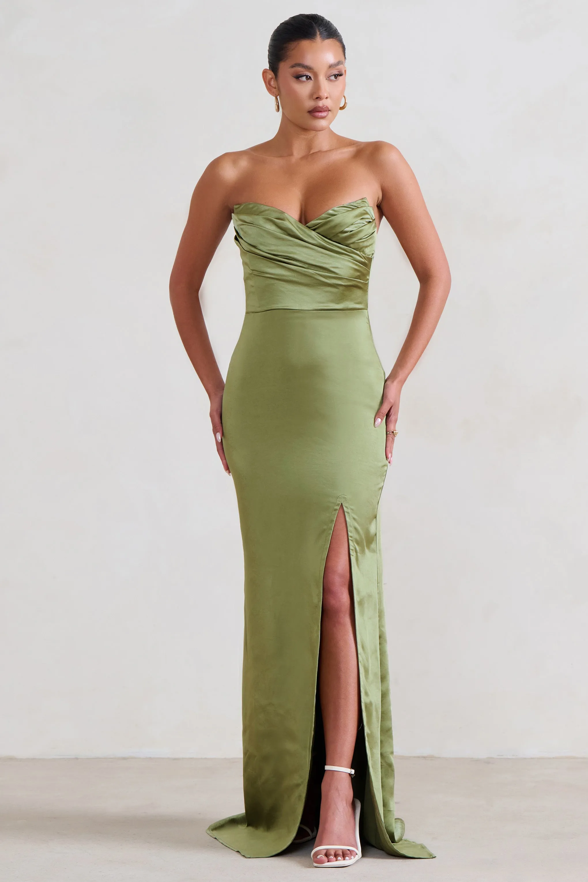 Coraline | Olive Strapless Maxi Dress With Split sold by Club L London