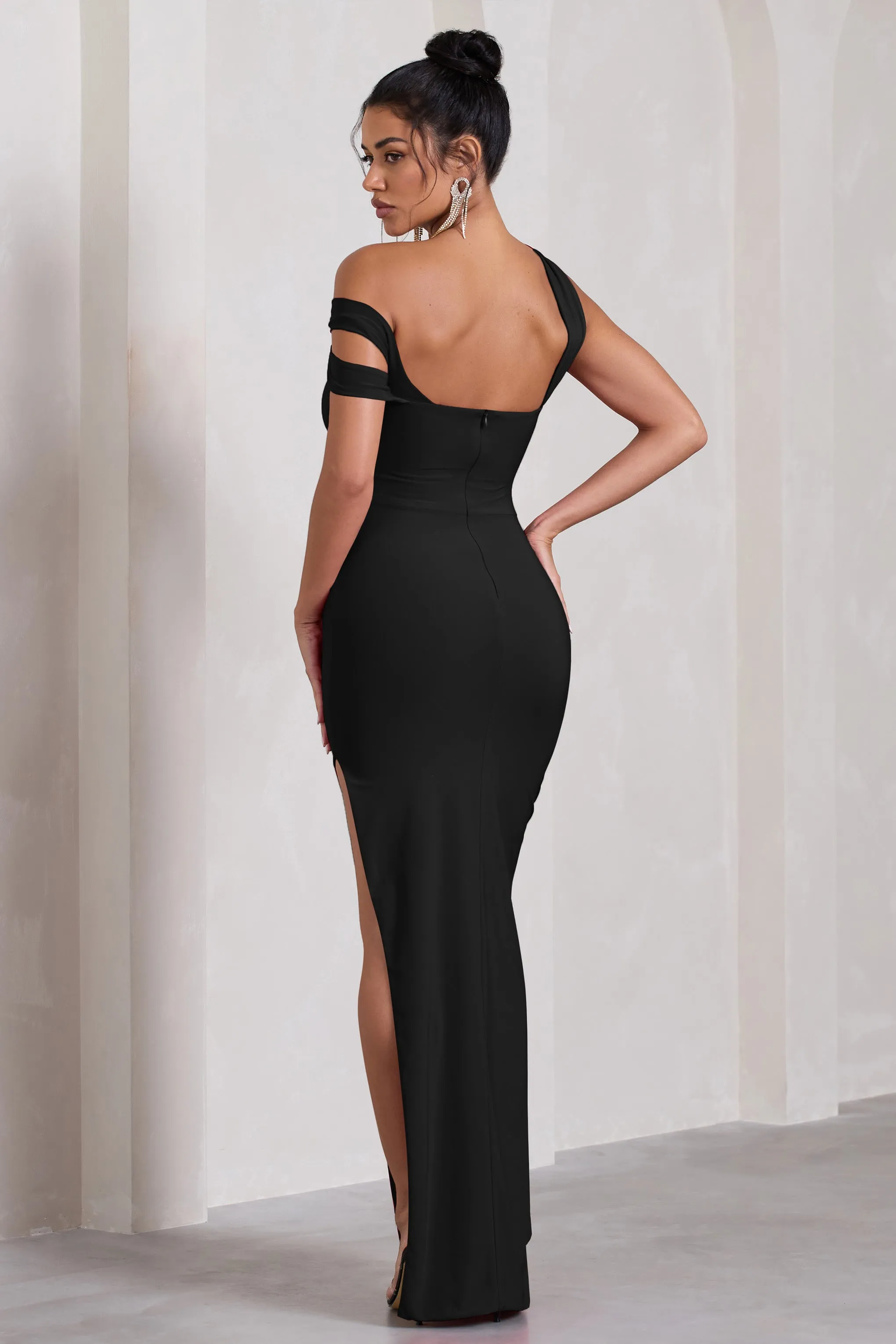 To The Max | Black Strappy Asymmetric Split Maxi Dress With Drape sold by Club L London product image thumbnail 2