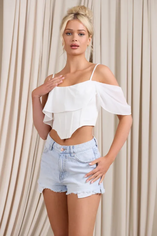Lost In Your Love | White Asymmetric Corset Top With Draped Chiffon Sleeve made by Club L London