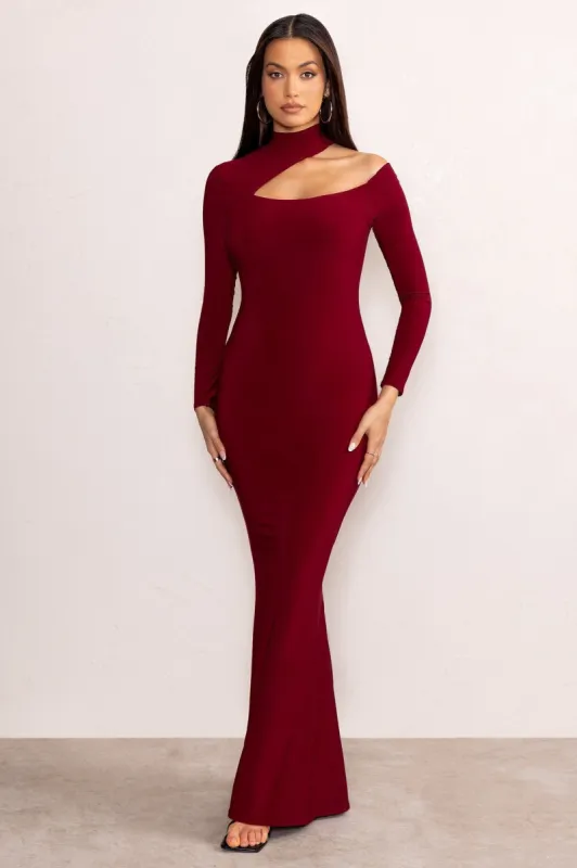 Farrah | Berry High Neck Maxi Dress with Cut-Out Neckline made by Club L London