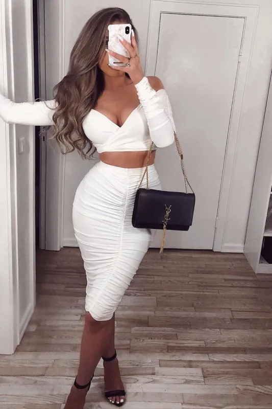 White Long Sleeved Ruched Crop Top sold by Club L London