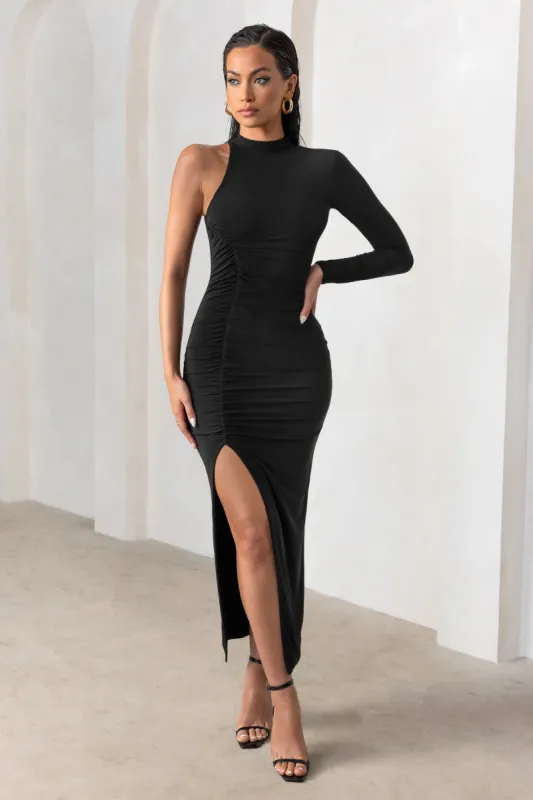 Follow Me | Black High Neck One Sleeve Maxi Dress With Side Ruching sold by Club L London