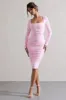 Seductress | Pink Long Sleeve Square Neck Ruched Midi Dress sold by Club L London