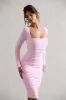 Seductress | Pink Long Sleeve Square Neck Ruched Midi Dress sold by Club L London
