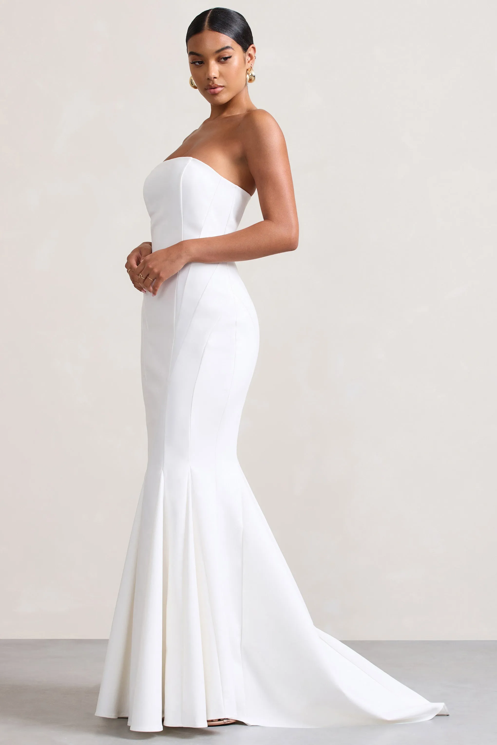 Adored | White Strapless Structured Fishtail Maxi Dress sold by Club L London product image thumbnail 4