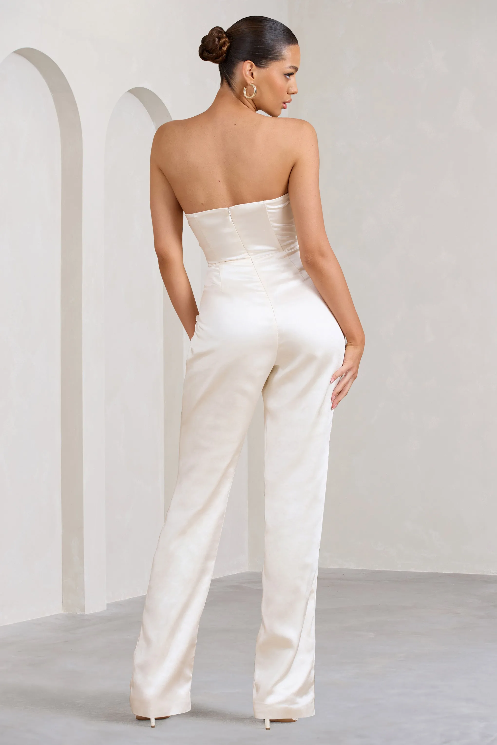 Amiah | Cream Satin Strapless Straight-Leg Jumpsuit sold by Club L London product image thumbnail 2