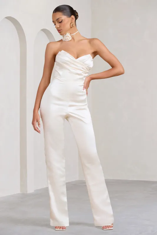 Amiah | Cream Satin Strapless Straight-Leg Jumpsuit sold by Club L London