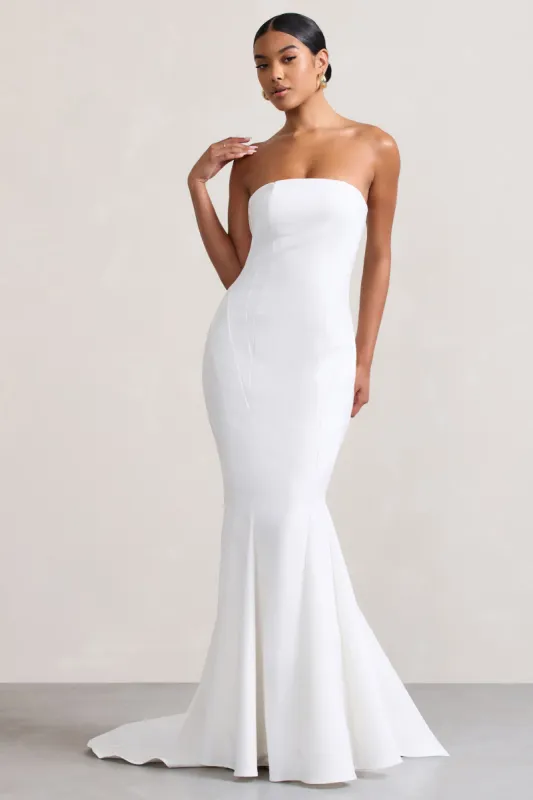 Adored | White Strapless Structured Fishtail Maxi Dress sold by Club L London