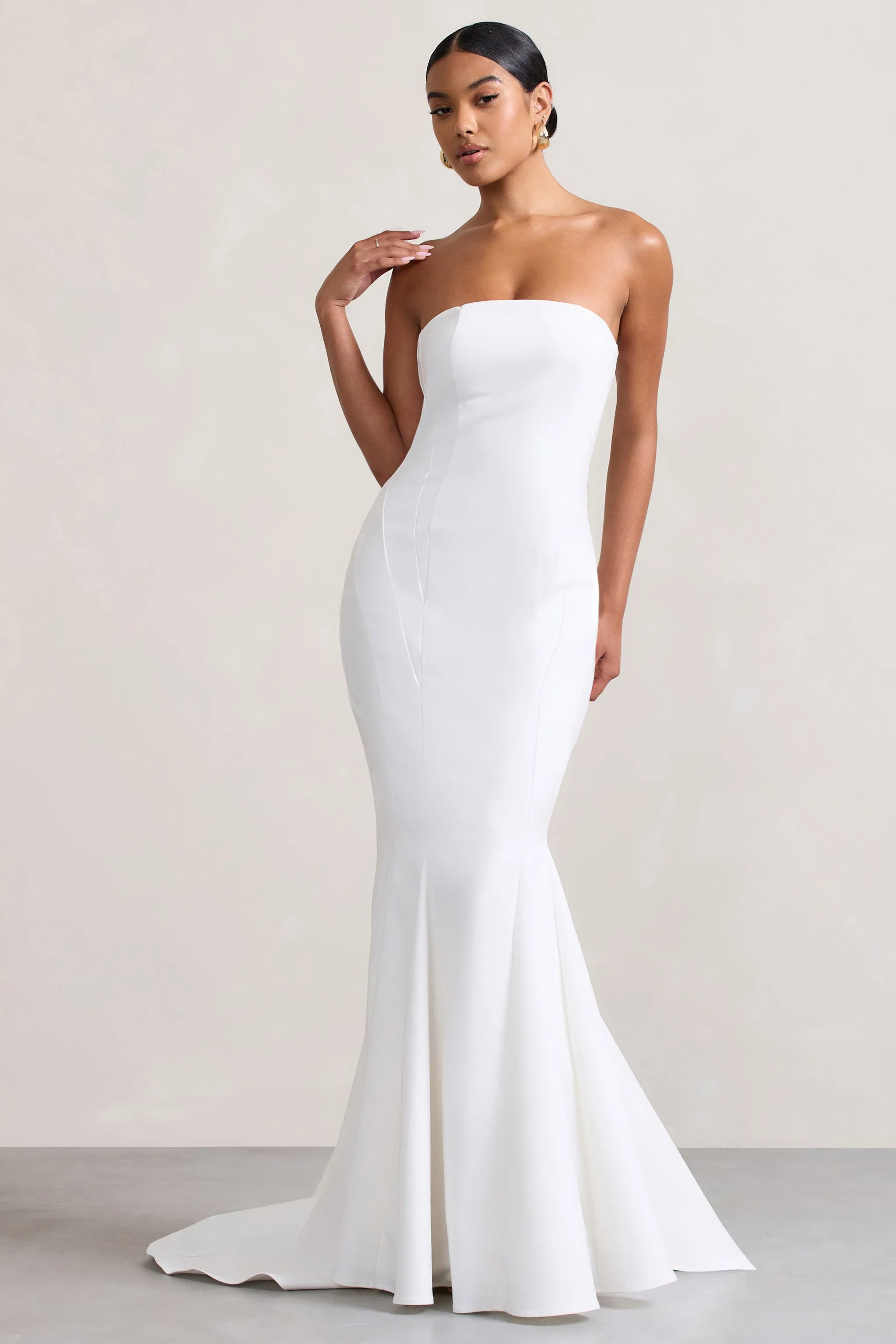 Adored | White Strapless Structured Fishtail Maxi Dress sold by Club L London